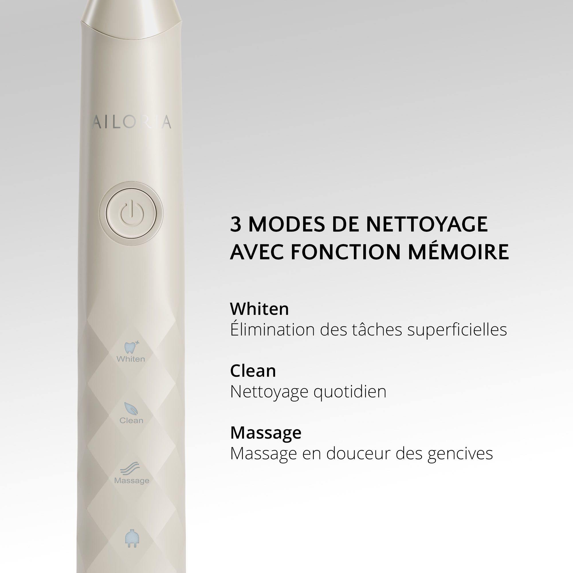 Brosse à dents avec trois modes de nettoyage : Whiten, Clean, Massage. Texte en français.