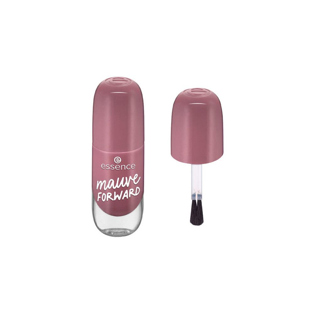 Flacon de vernis à ongles ouvert avec pinceau. Flacon de vernis rose, inscription "mauve FORWARD" et "essence".