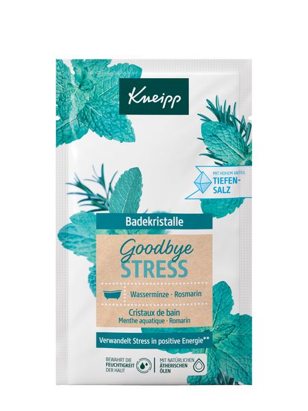 Kneipp® Badekristalle Goodbye Stress. Emballage avec texte et illustrations. Label vegan.