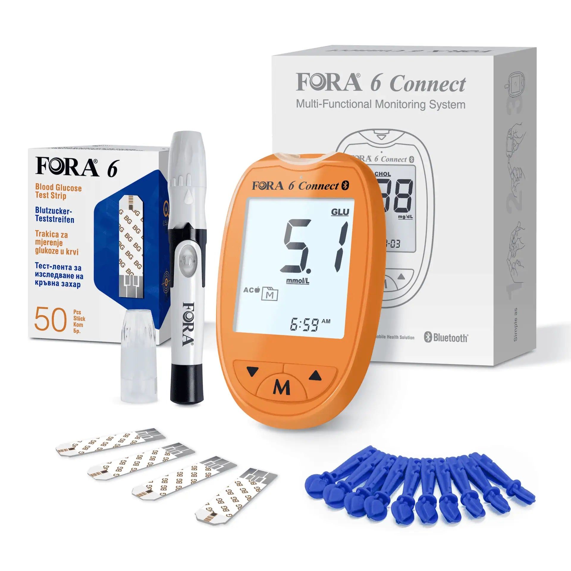 FORA 6 Connect bloedglucosemeter set met oranje meter, lancetten, teststrips en prikpen.