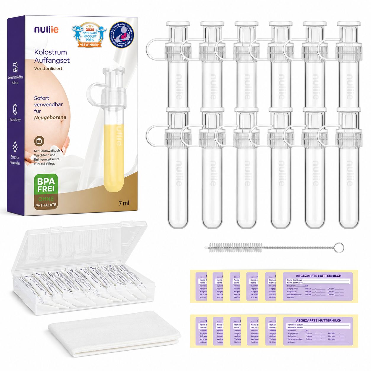 Set de collecte de colostrum Nuliie avec 10 tubes stériles, boîte de rangement, étiquettes et brosse de nettoyage.