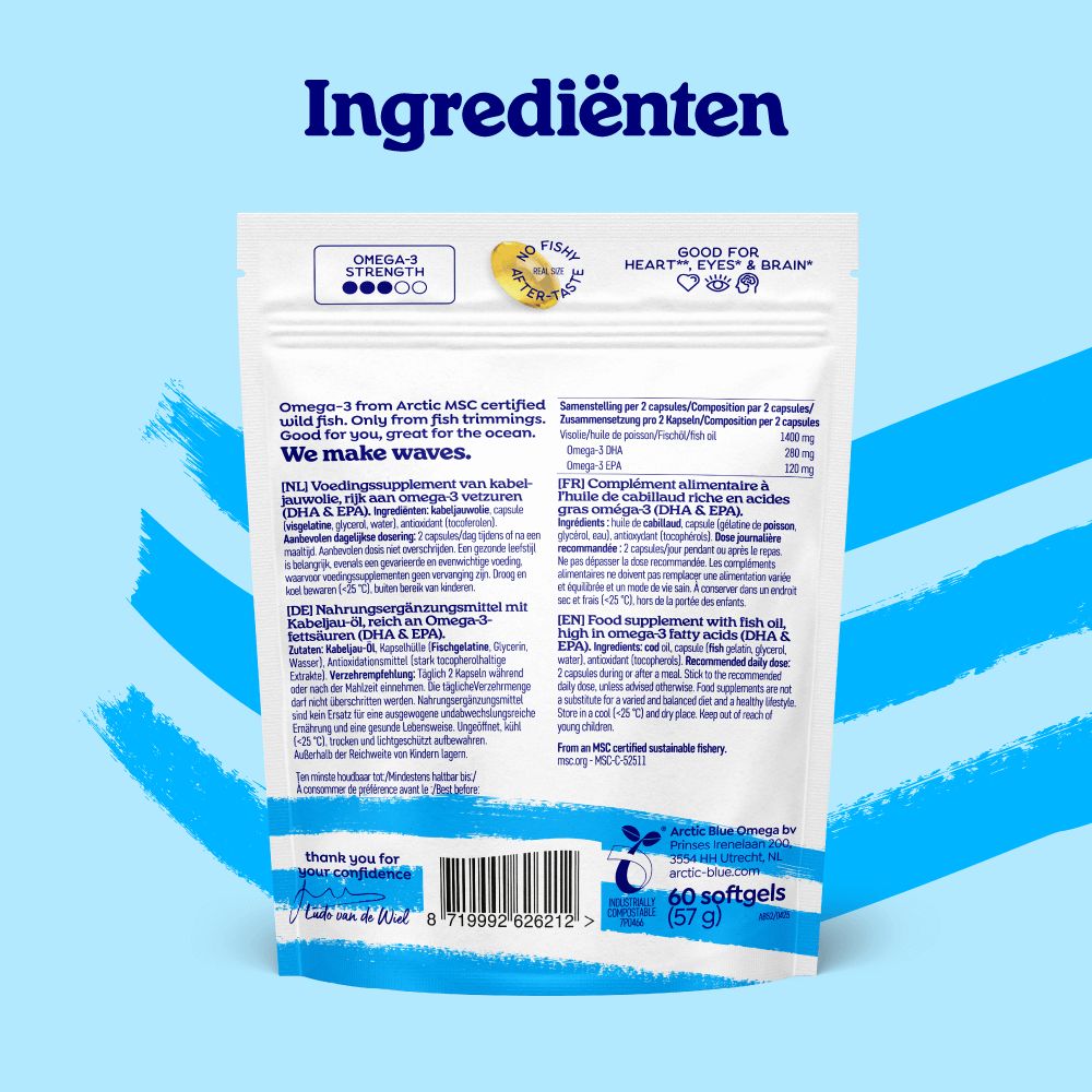 Twee Omega 3 capsules naast een schaal en symbolen voor hart, oog, brein.