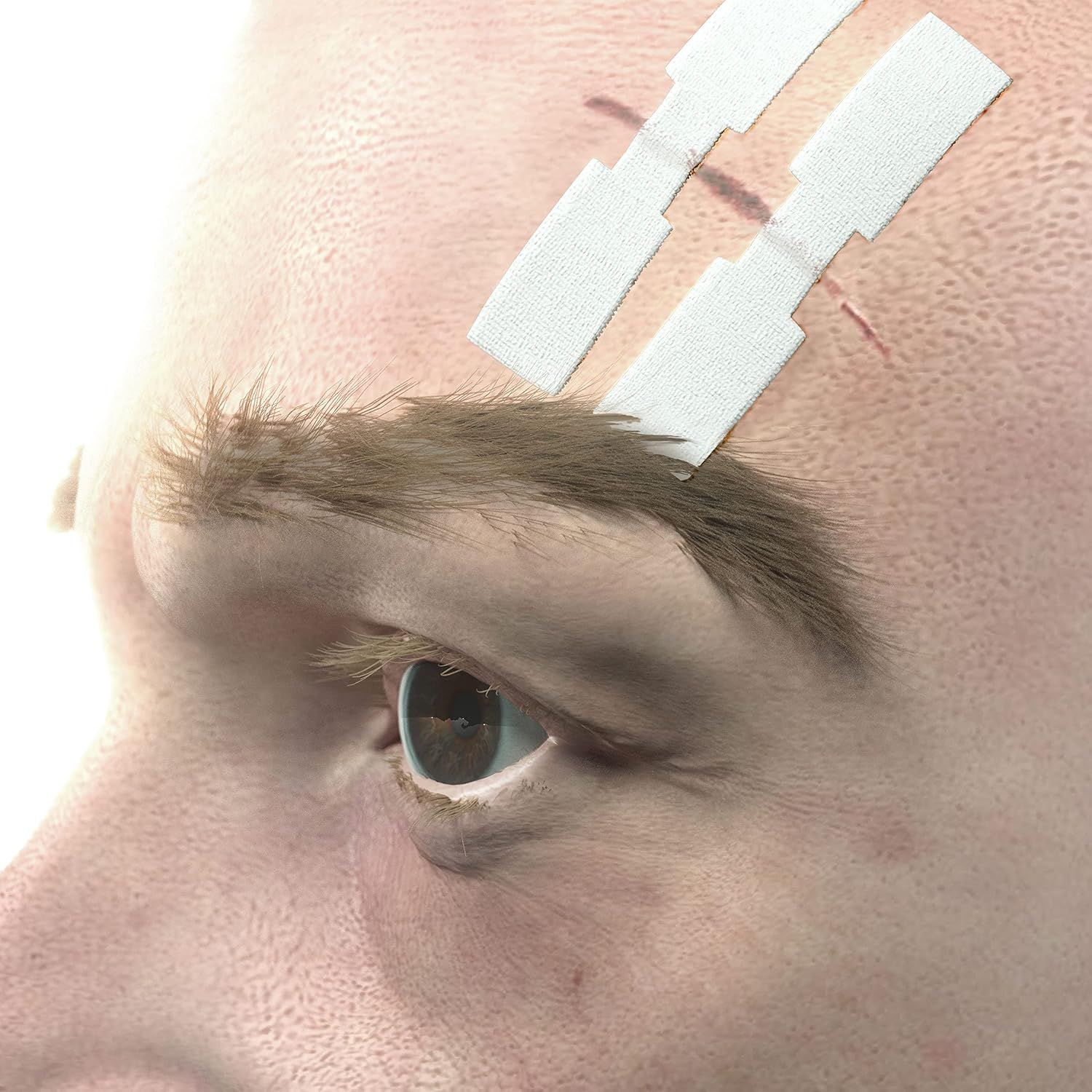 Close-up van een voorhoofd met twee Cutiderm vlindernaadstrips voor wondverzorging.