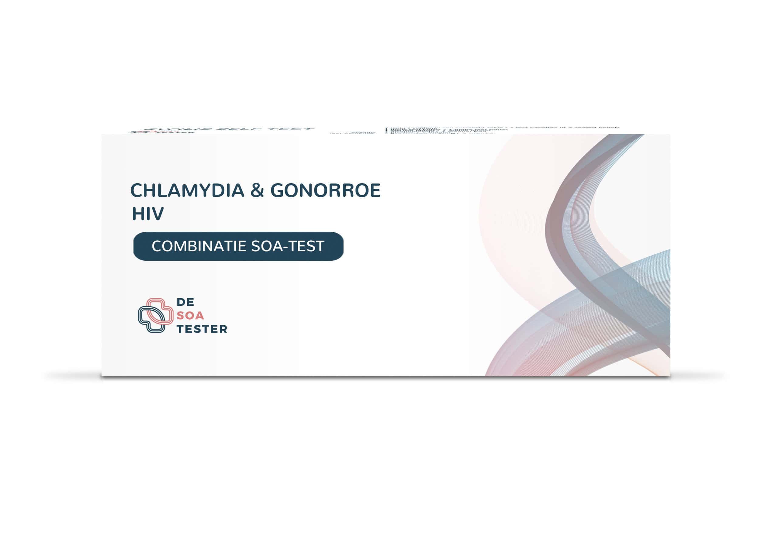 Kartonnen verpakking met tekst: Chlamydia & Gonorroe HIV, combinatie SOA-test. Logo: De SOA Tester.