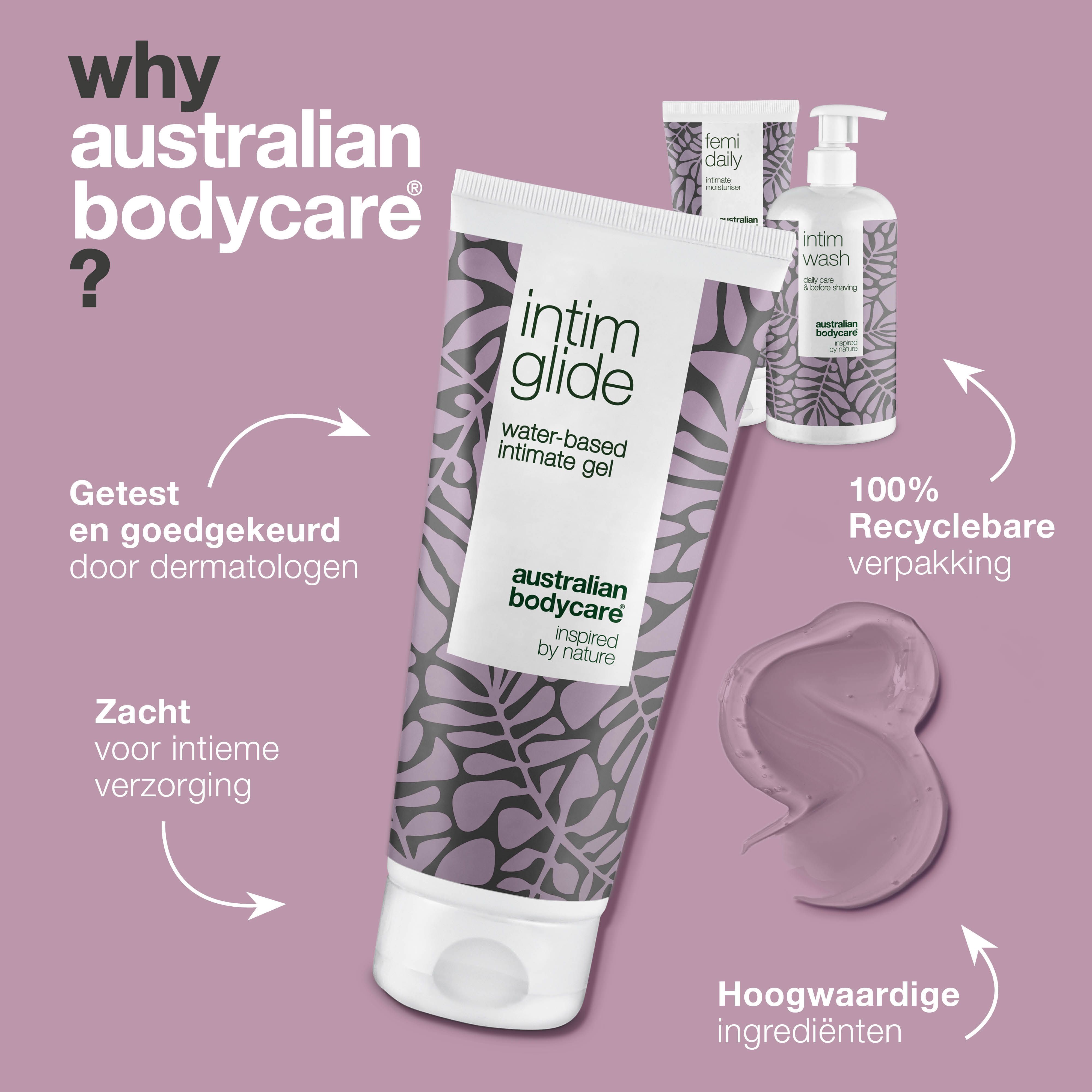 Intim Glide, Intim Wash en Femi Daily. Tekst: Getest, 100% recyclebare verpakking, hoogwaardige ingrediënten.