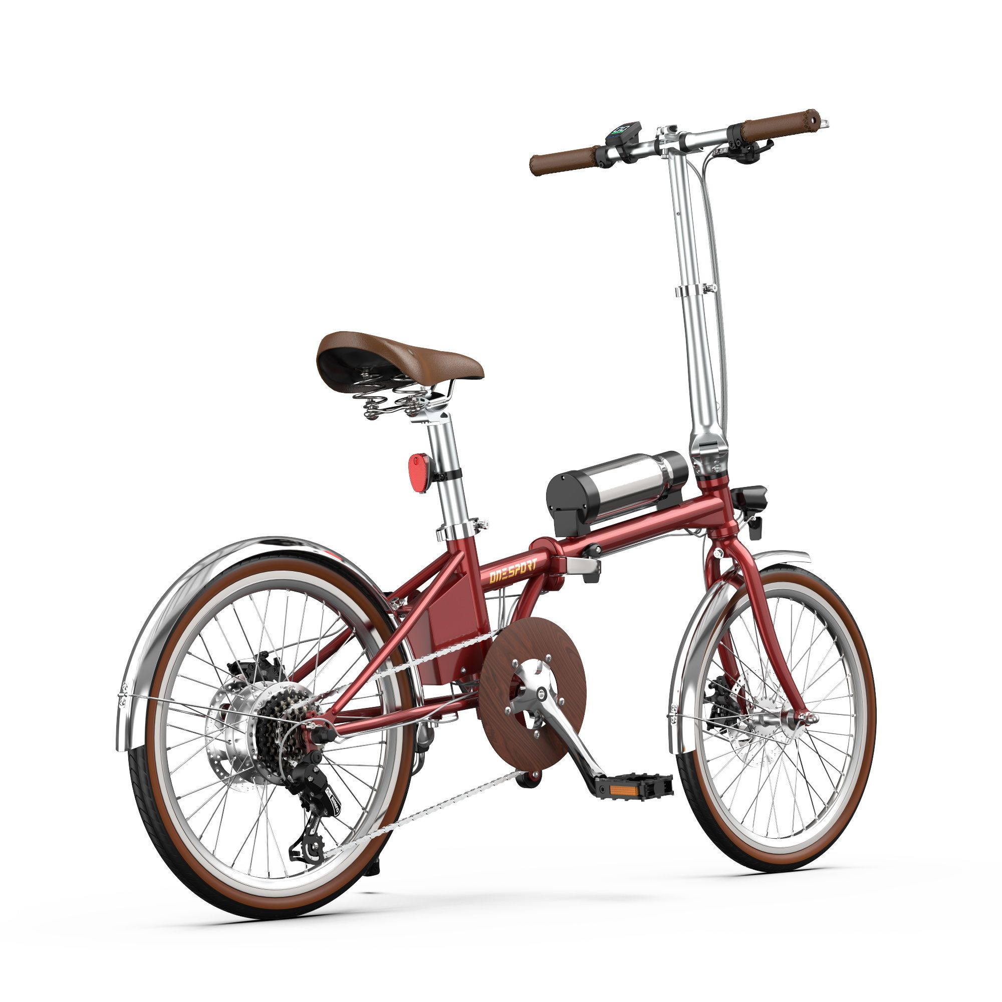 Vélo électrique pliable rouge. Roues de 20 pouces, pneus et selle marron. Garde-boue argentés. Batterie sur le cadre.