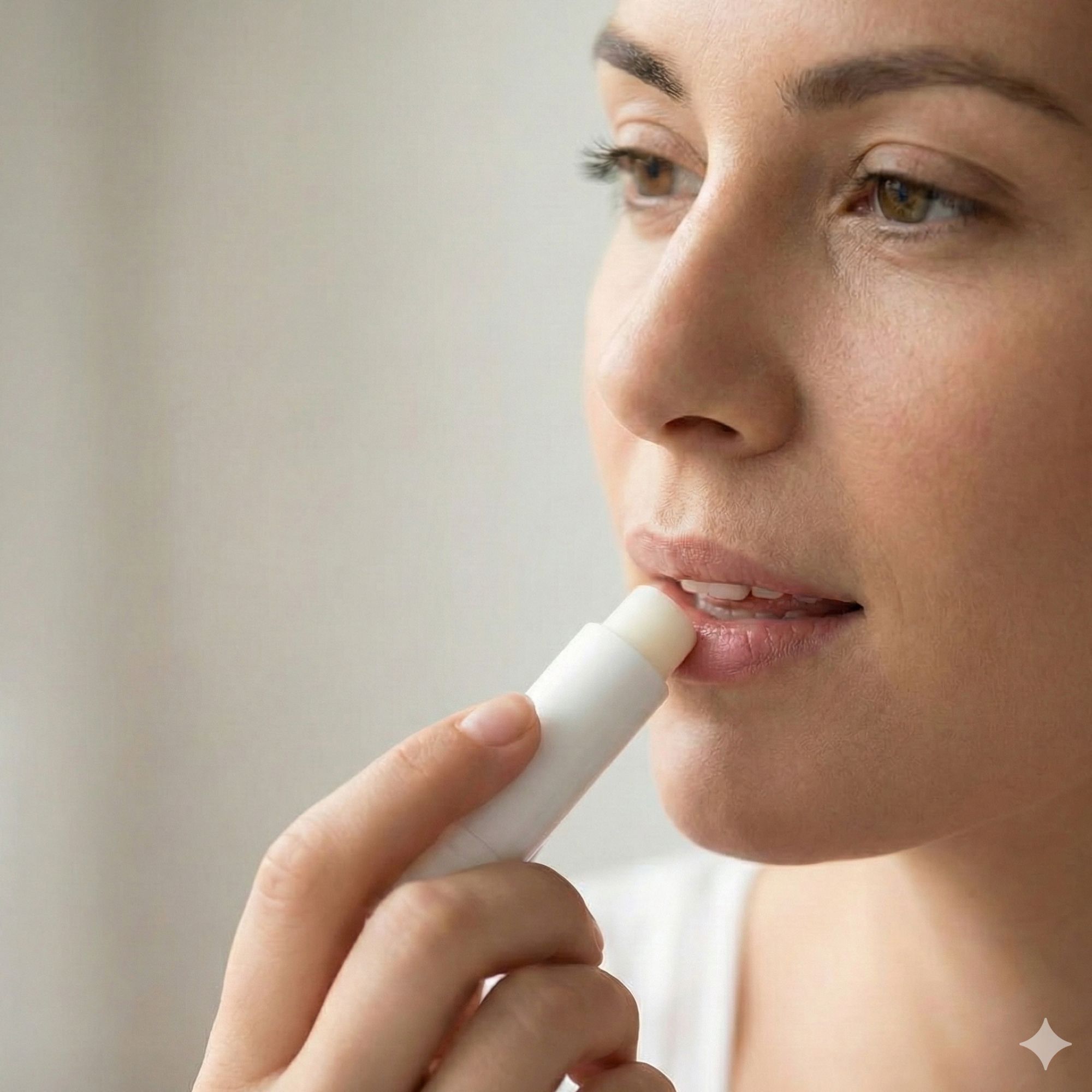 Close-up van een vrouw die lippenbalsem op haar lippen aanbrengt.