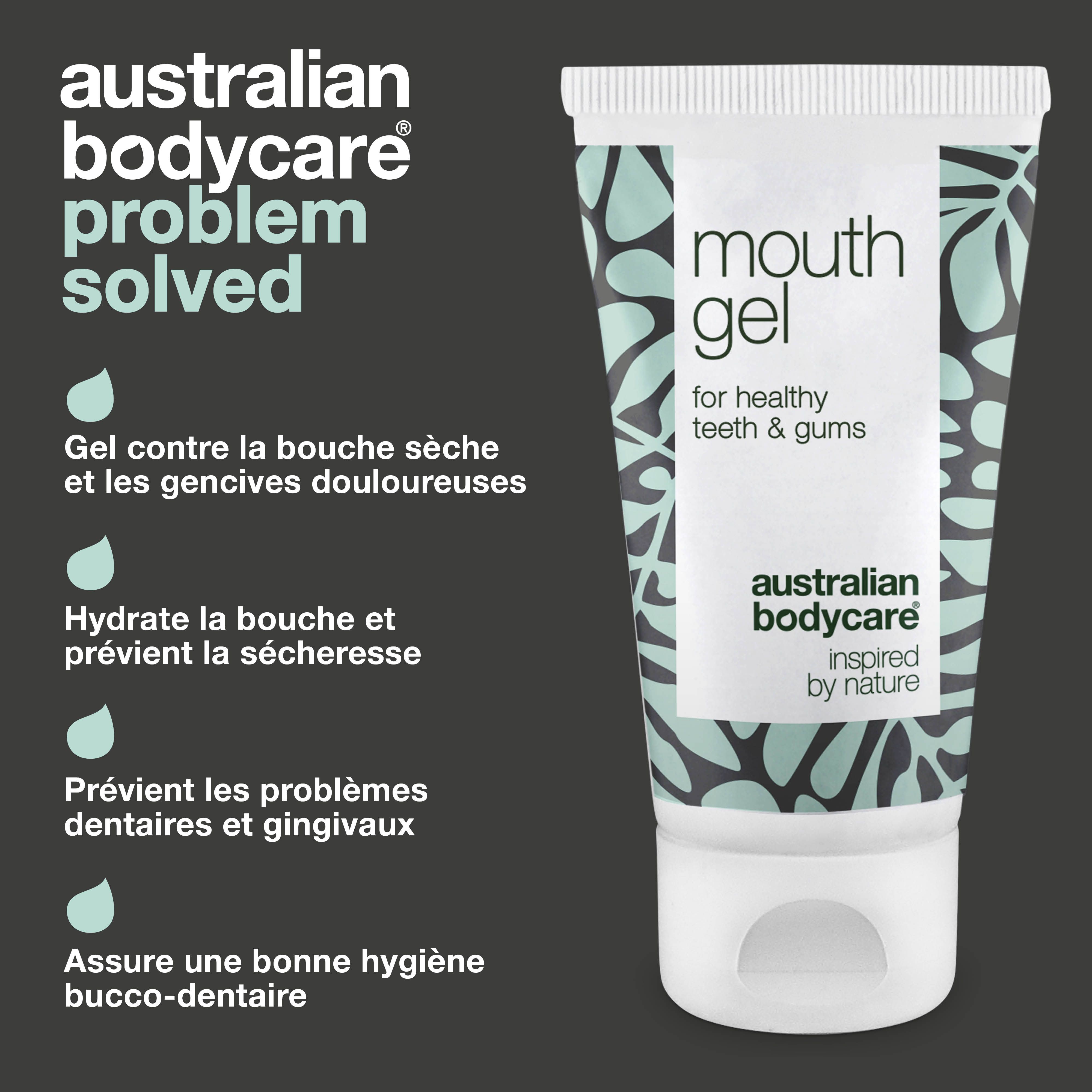 Image publicitaire : tube de gel buccal. Texte : mouth gel, for healthy teeth & gums, Australian Bodycare.