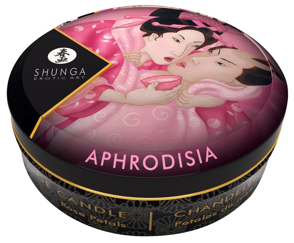 Ronde zwarte kaars met gouden rand. Geïllustreerde deksel met tekst: Aphrodisia. Tekst: Massage Candle, Rose Petals.