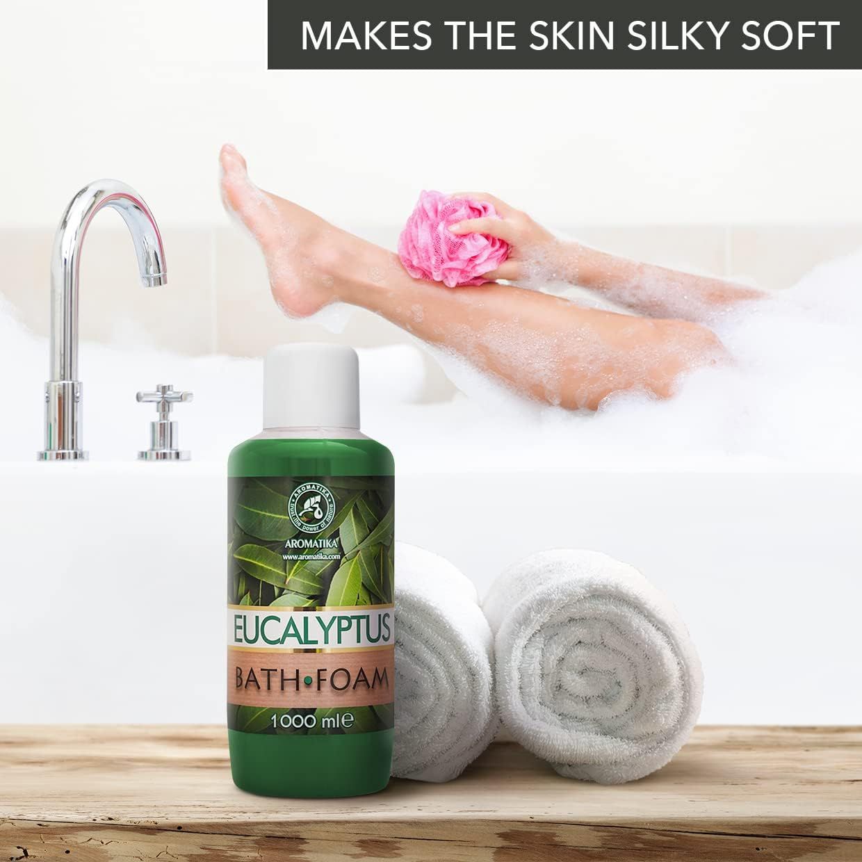 Benen van een vrouw in schuim, AROMATIKA Badschuim Eucalyptus 1000 ml.