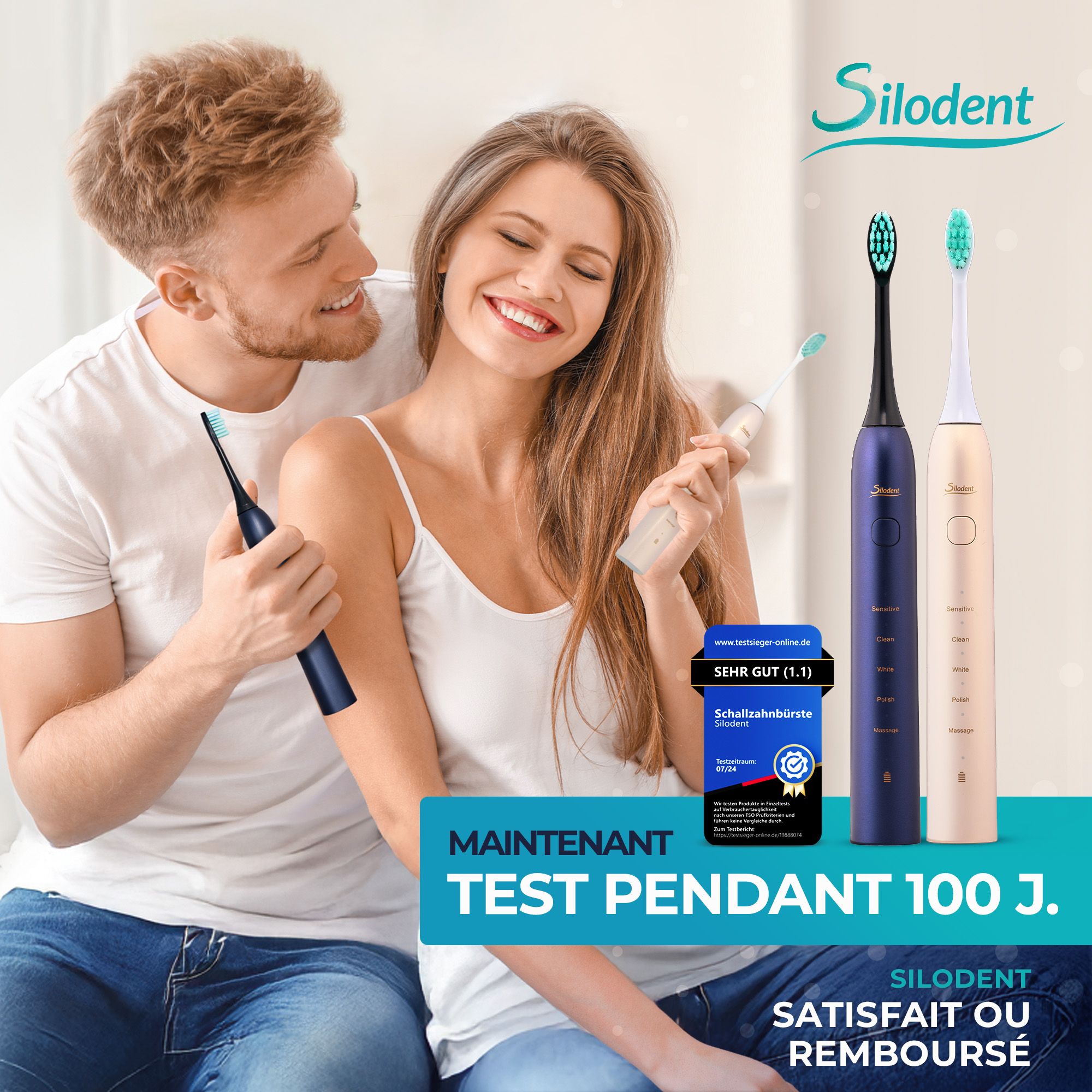 Couple avec brosses à dents soniques Silodent bleues et roses. Offre d'essai "Tester 100 jours".