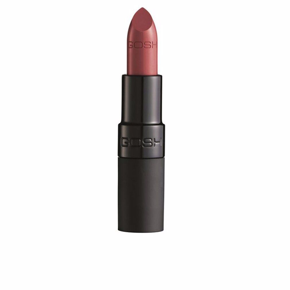 Rouge à lèvres Gosh Velvet Touch 014 Matt Cranberry. Boîtier noir, rouge à lèvres rose. Logo Gosh.