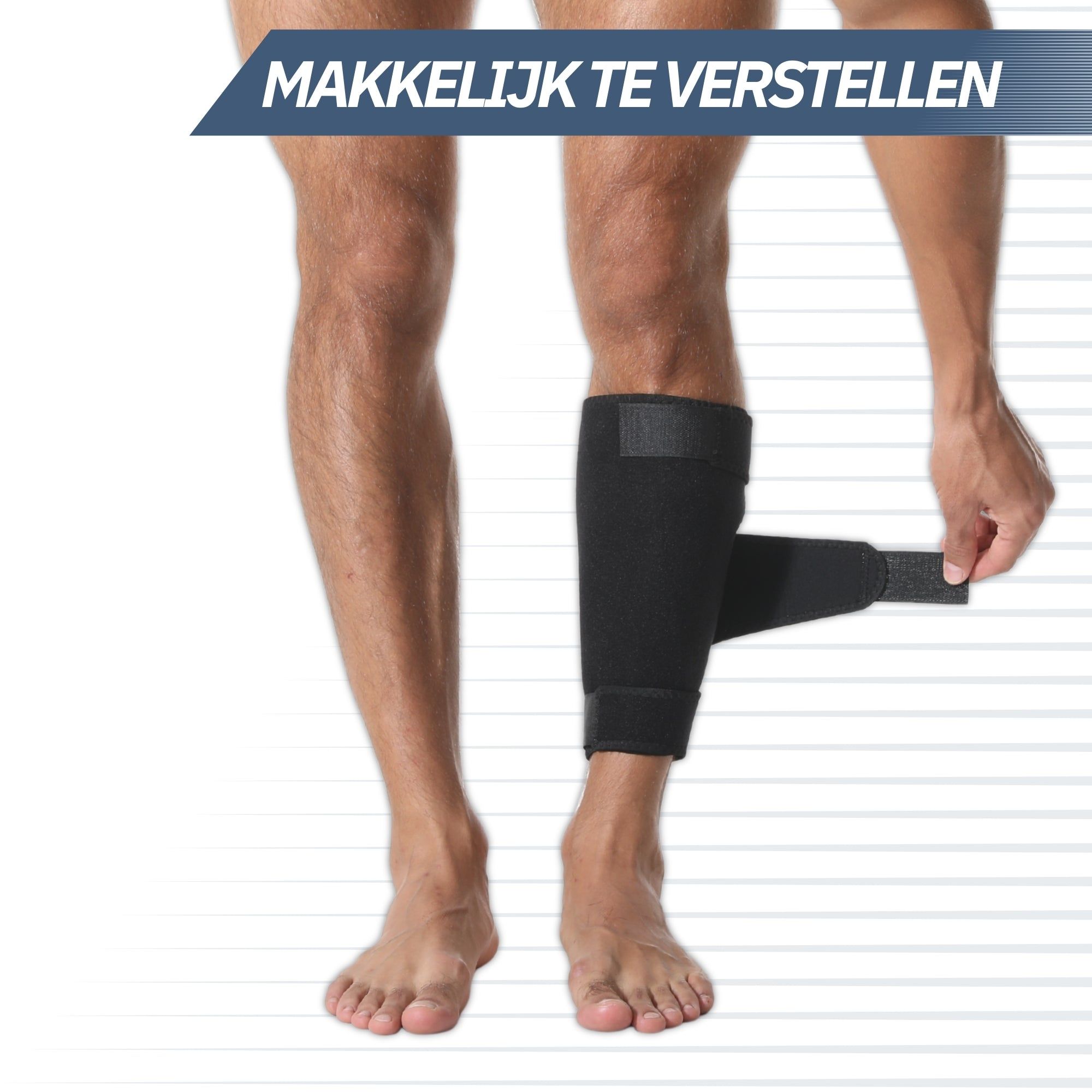 Genouillère noire avec attaches velcro sur la jambe.