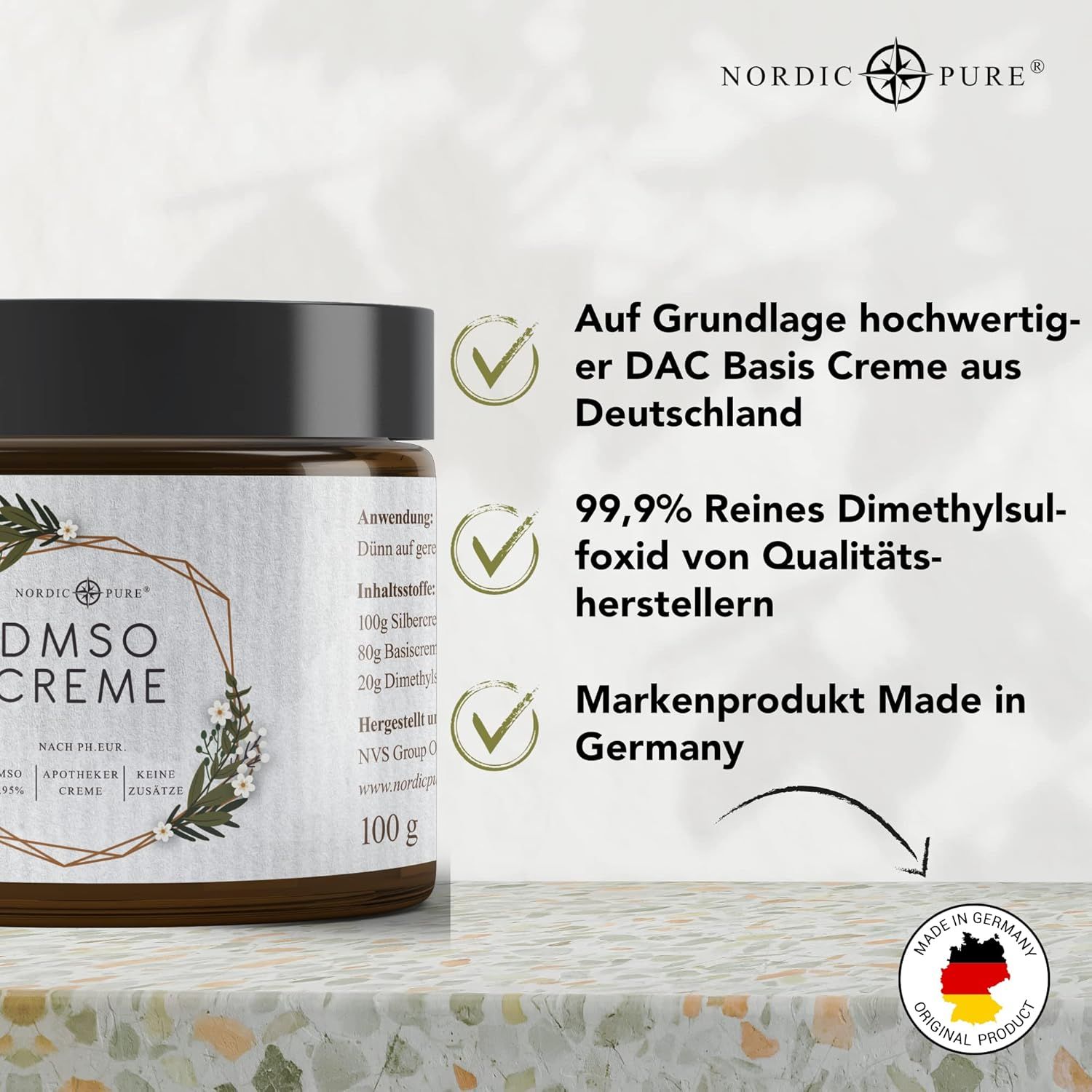 Bruine pot met zwart deksel. Opschrift: DMSO Creme. Tekst: Op basis van hoogwaardige DAC basiscrème uit Duitsland. 99,9% zuiver dimethylsulfoxide.