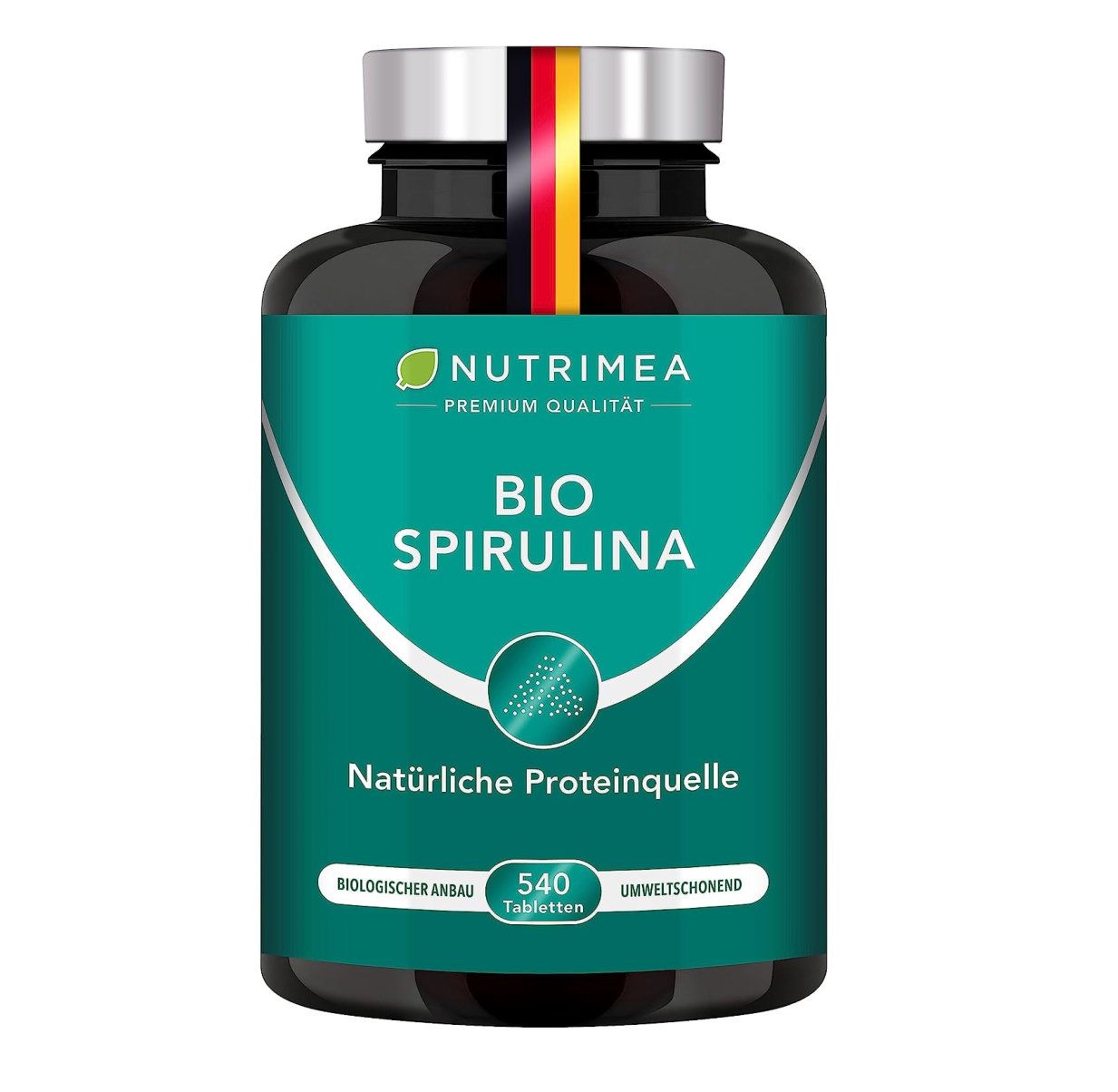 Donkere fles met groene tekst BIO SPIRULINA. 540 tabletten. Natuurlijke eiwitbron. Met Duitse vlag.