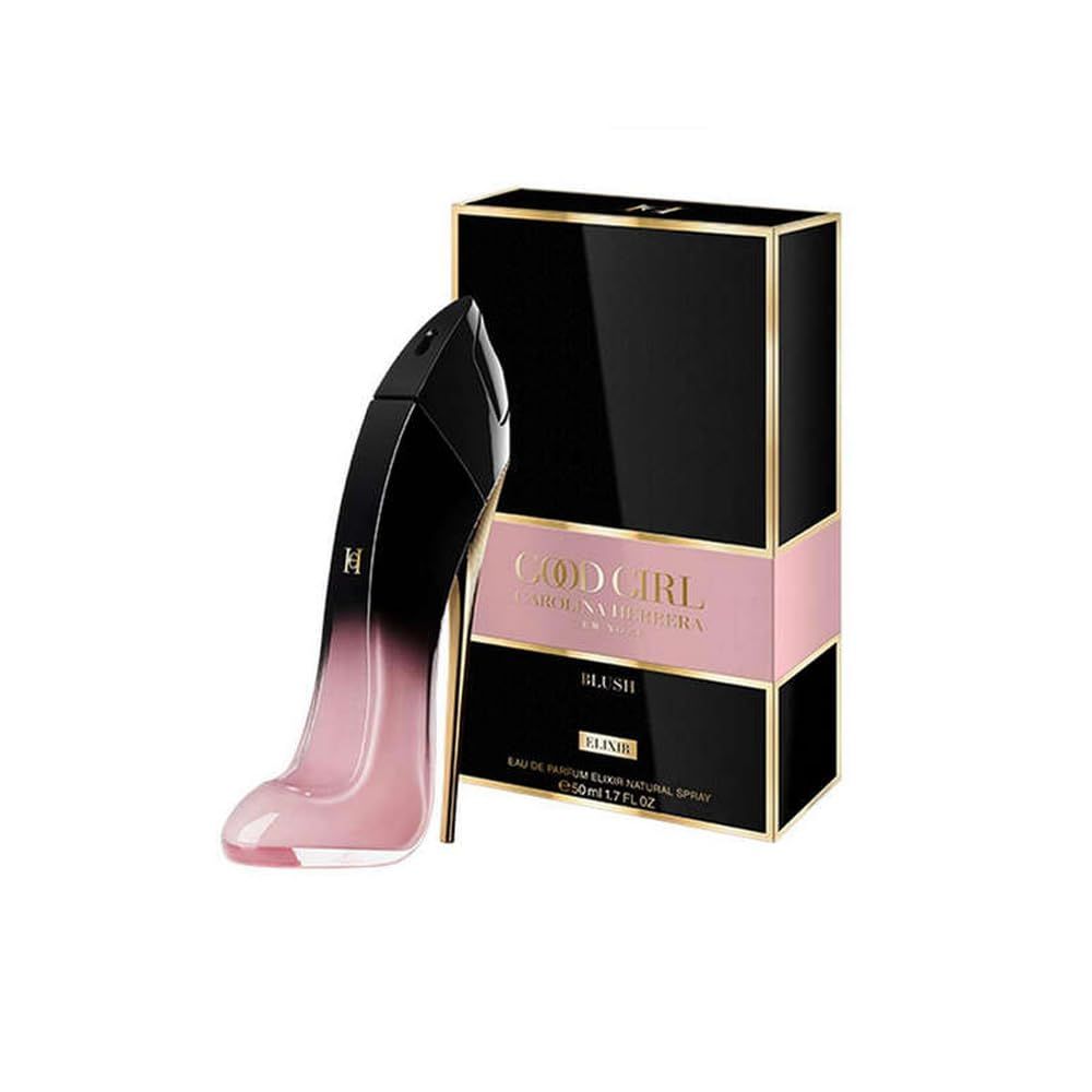 Flacon en forme de chaussure et emballage. Noir, rose et or. Inscription : Good Girl Blush Elixir. Eau de Parfum Spray.