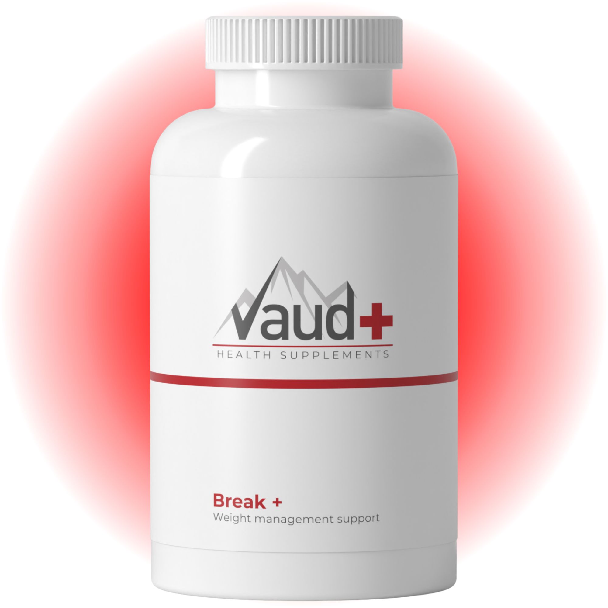 Flacon blanc avec bande rouge. Vaud+ Health Supplements, Break+ Weight management support.