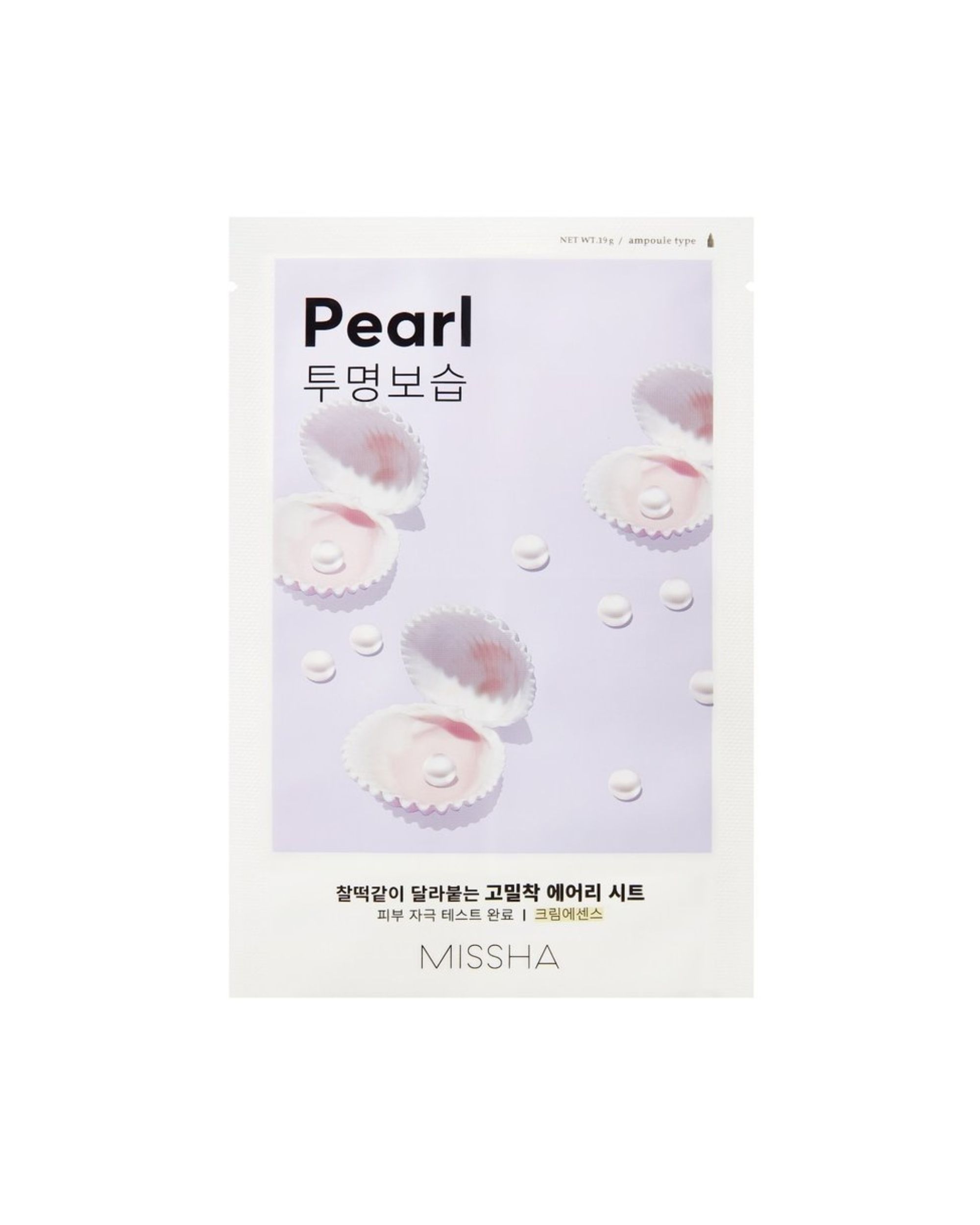 Emballage MISSHA Airy Fit Sheet Mask (Pearl) avec des coquillages et des perles.