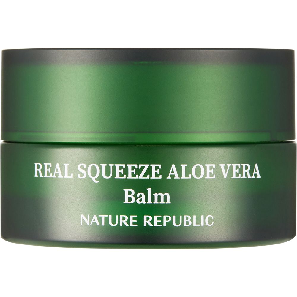 Groene pot met witte tekst: Real Squeeze Aloe Vera Balm. Merk: NATURE REPUBLIC.
