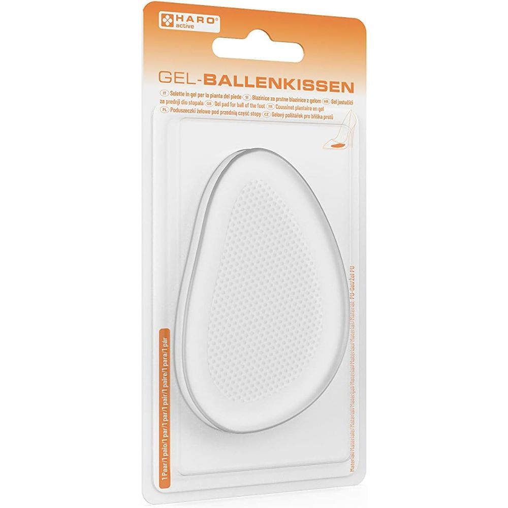 Haro Gel-Ballenkissen en emballage blister. Coussinet en gel transparent avec texture à picots. Informations produit et logo.