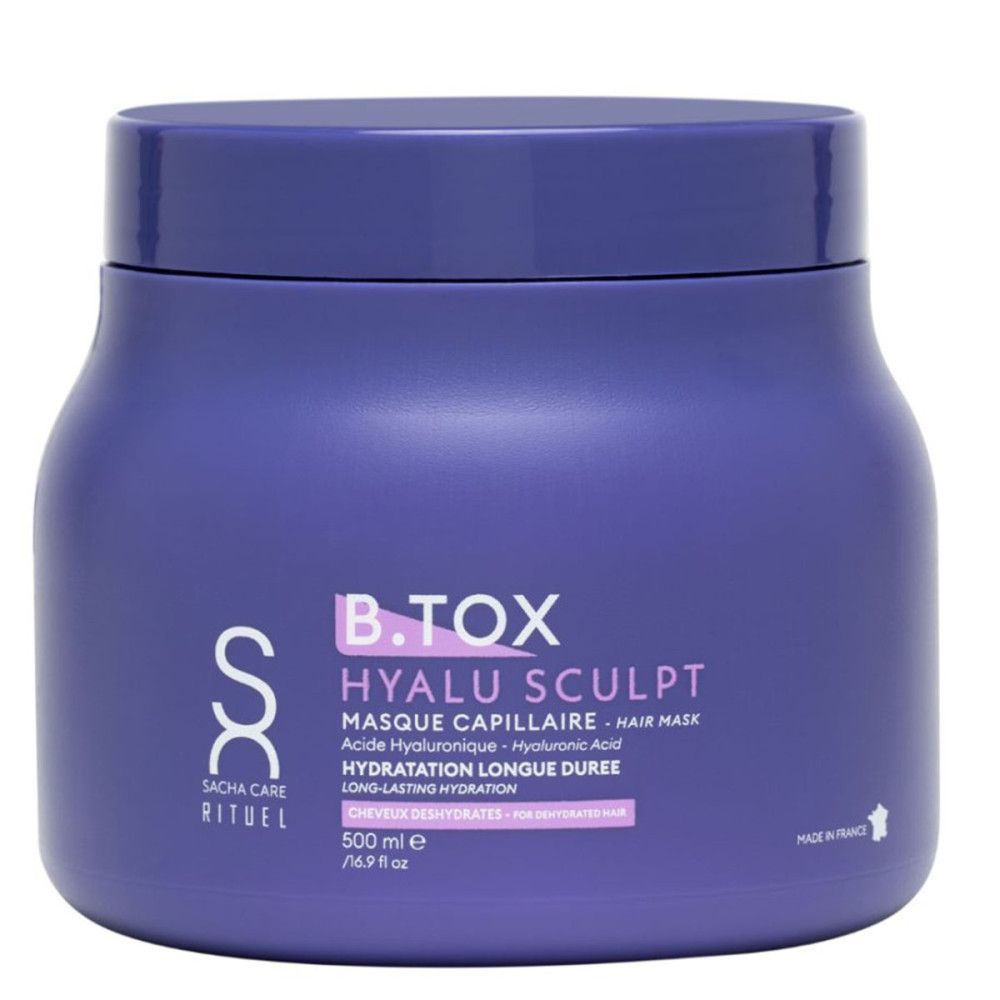 Paarse pot met deksel. Tekst: B.TOX Hyalu Sculpt, Masque Capillaire, Hyaluronzuur, Langdurige hydratatie, 500 ml.