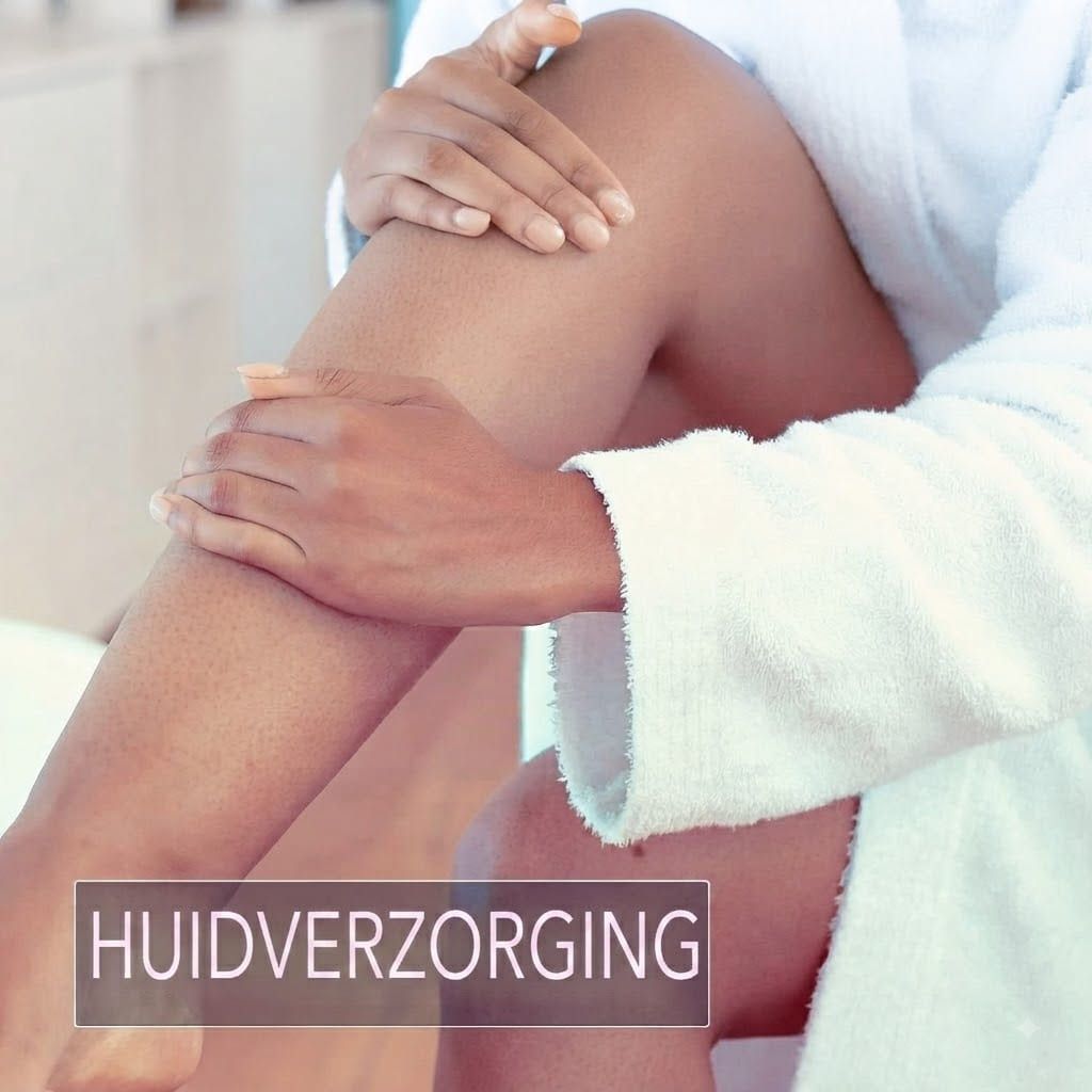 Een persoon in een witte badjas raakt haar been aan. Onderaan de afbeelding staat 'HUIDVERZORGING'.