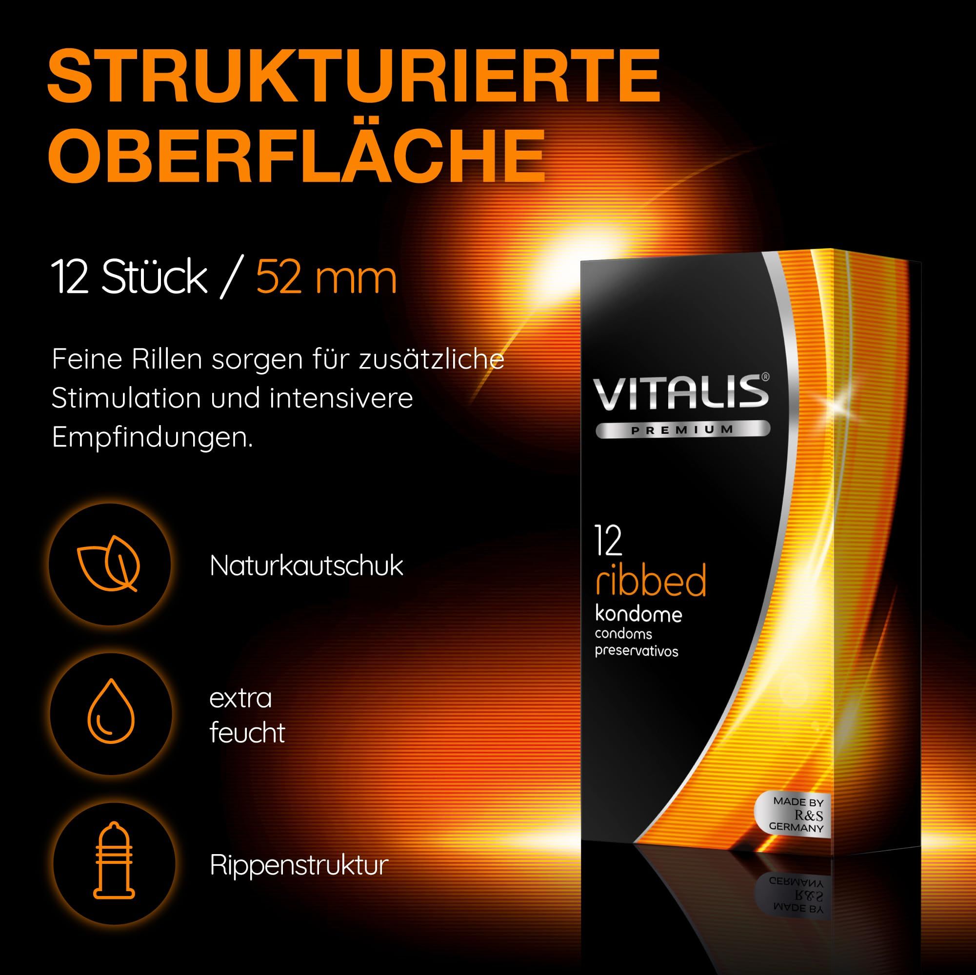 Préservatifs Vitalis : Surface texturée, 12 pièces, 53 mm, caoutchouc naturel, extra lubrifié, nervuré.