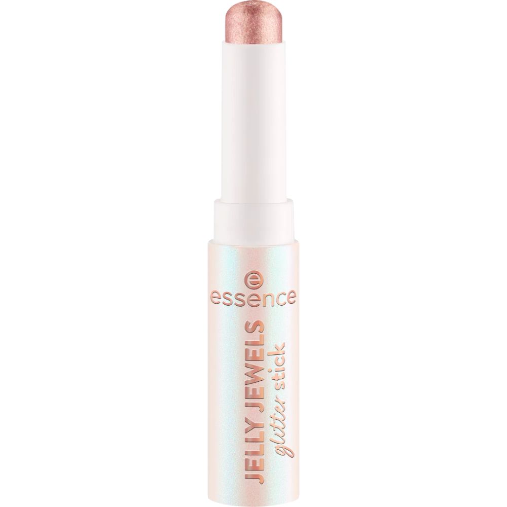 Stick de fard à paupières pailleté. Bâton blanc avec fard à paupières rose. Marque Essence, inscription Jelly Jewels Glitter stick.
