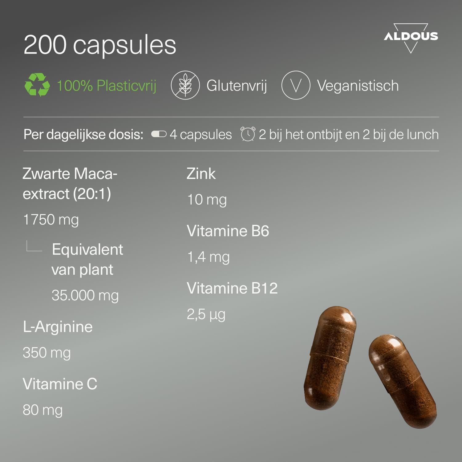200 capsules: Zwarte Maca-extract, Zink, Vitamines B6 en B12. Glutenvrij, veganistisch.