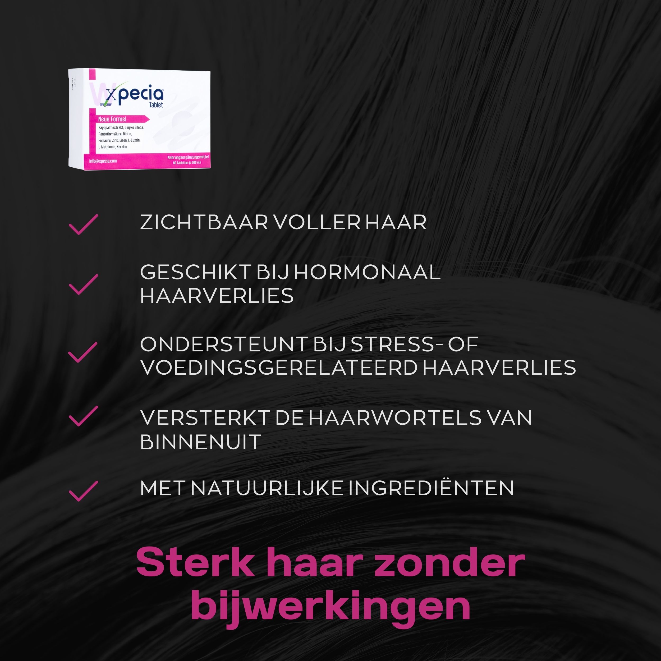 Productverpakking met tekst: Xpecia tabletten, Nieuwe Formule. 60 tabletten. Zonder hormonen, gezonde groei.