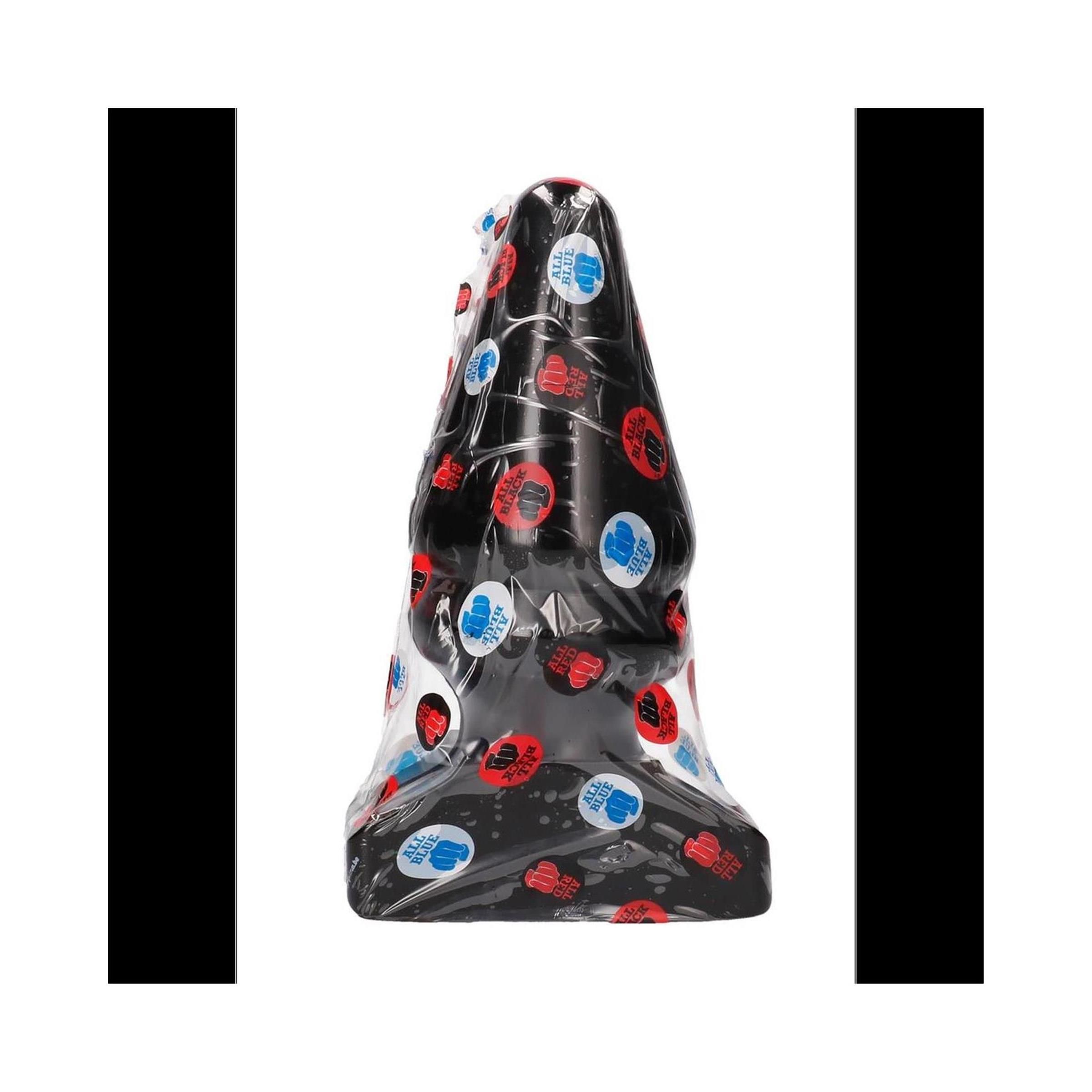 Bouchon anal noir conique, emballé dans du film avec des symboles rouges et bleus.
