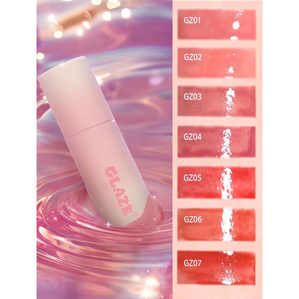 Lipgloss tube in roze. Kleurenpalet met 7 tinten. Tekst: GZ01-GZ07. Merk BLACK ROUGE.