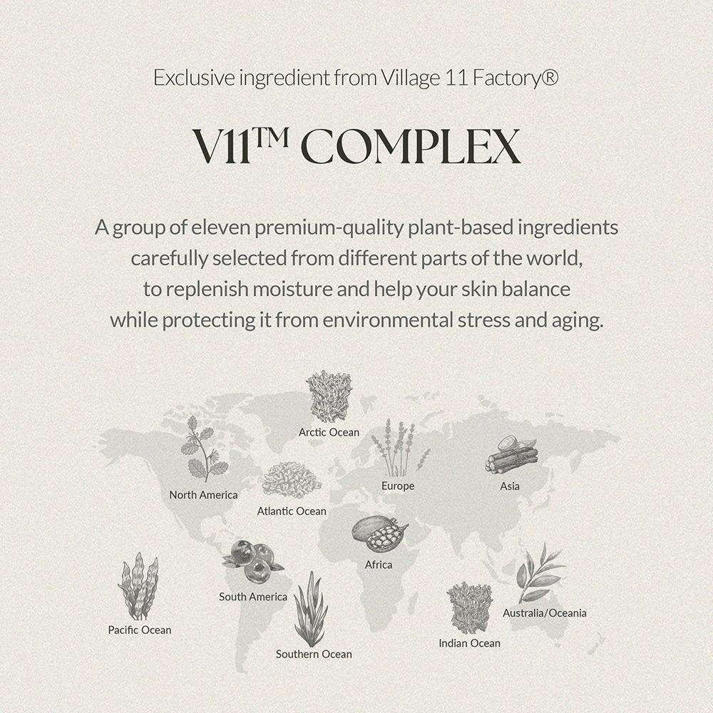 Wereldkaart met tekst: Exclusive ingredient from Village 11 Factory, VII™ COMPLEX. Plantaardige ingrediënten.