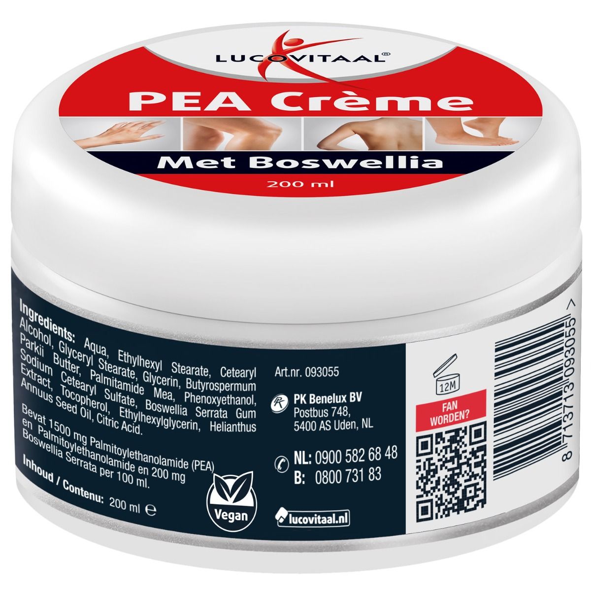 Achterkant van de PEA Crème pot. Ingrediëntenlijst, Art.nr. 093055, Vegan logo, QR-code, 200 ml. Contactgegevens.