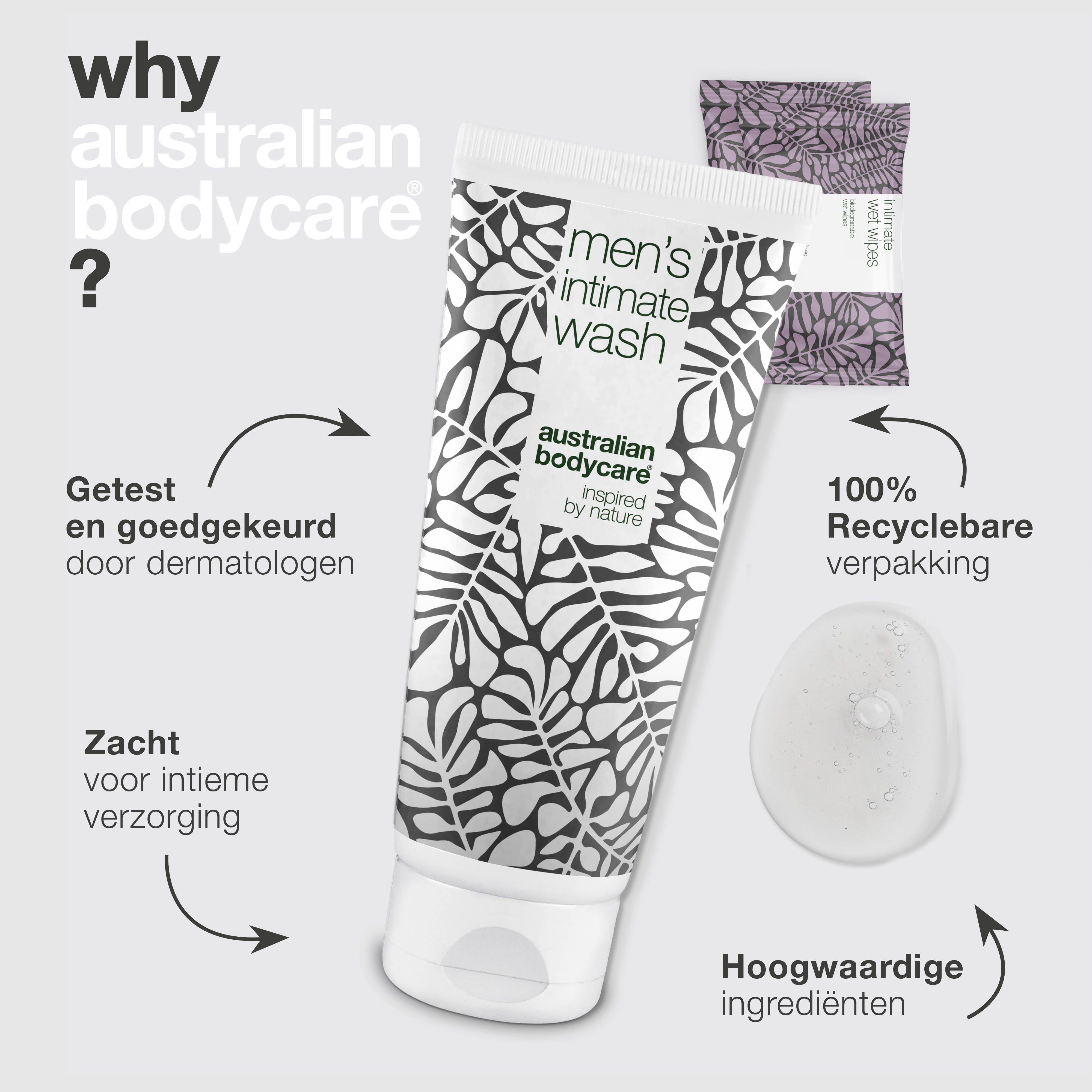 Intieme wasgel en doekjes. Merk: Australian Bodycare. Tekst: Waarom Australian Bodycare?