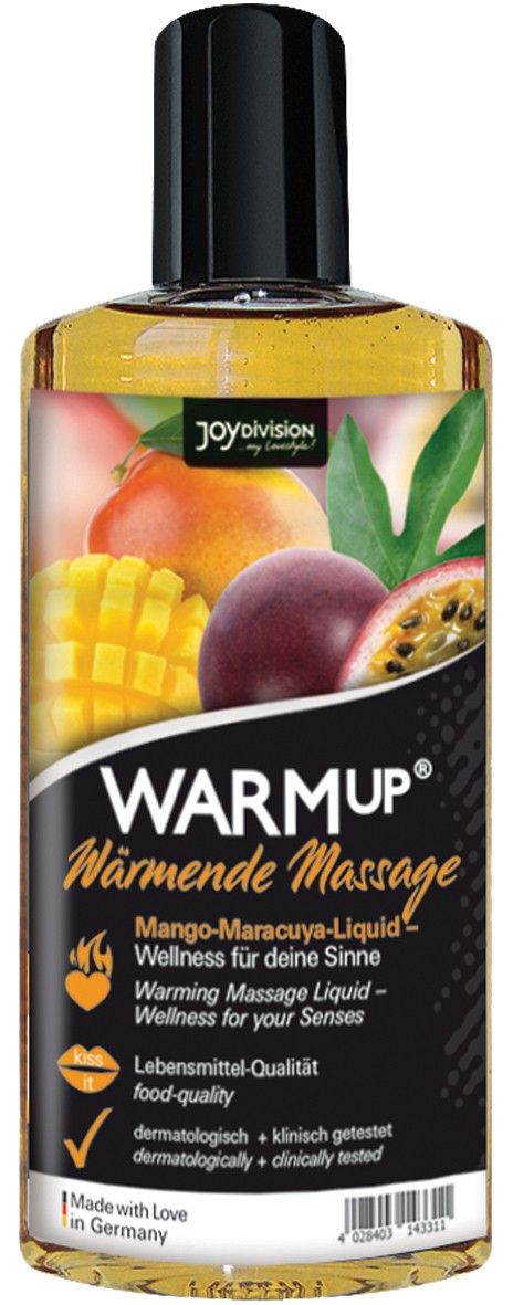 Fles WARUP Mango-Passievrucht massagevloeistof met fruit en zegels.