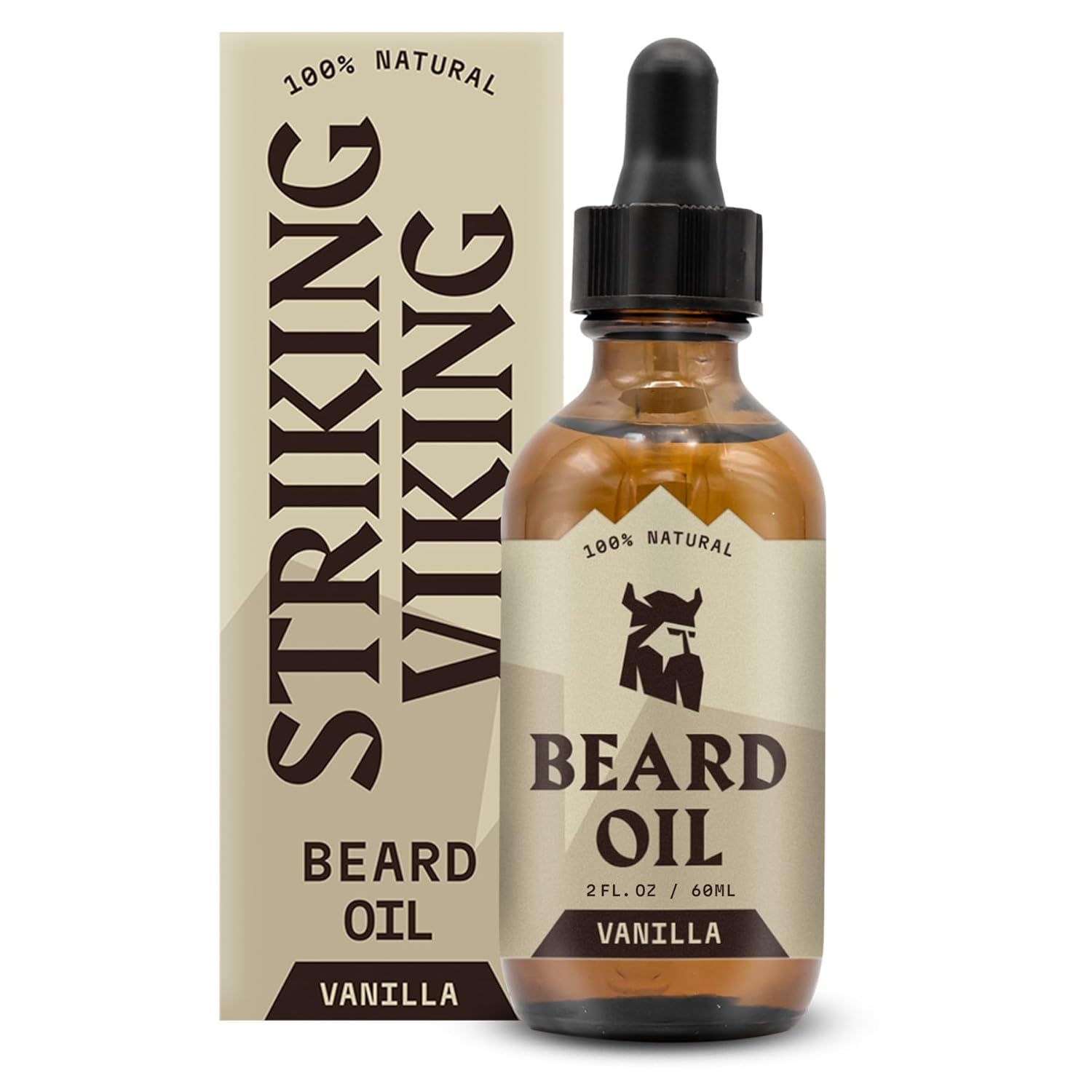 Flacon et emballage d'huile à barbe. Inscription : Striking Viking, huile à barbe, vanille, 100% naturelle. Flacon avec pipette.
