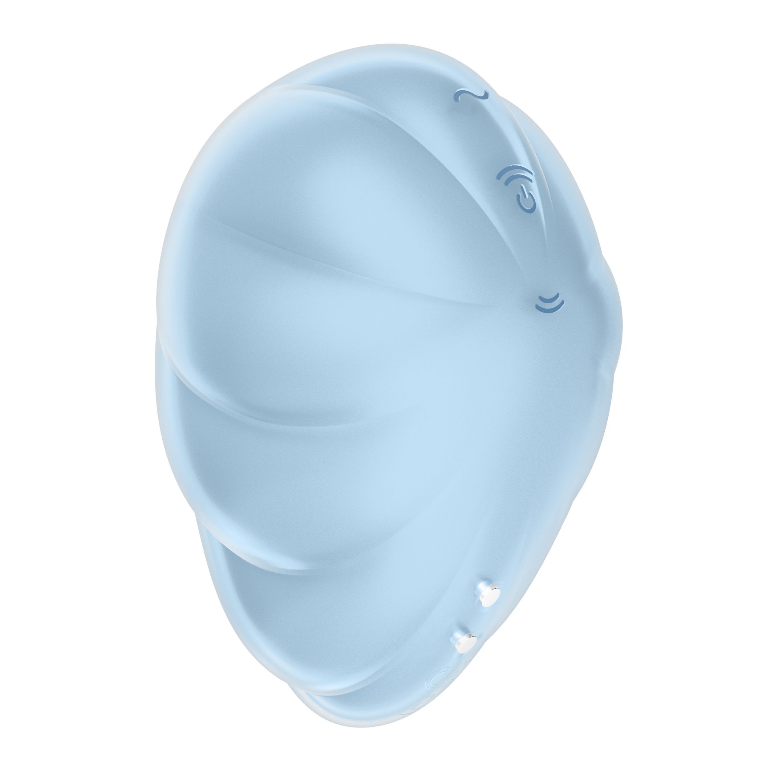 Produit de bien-être bleu clair, forme ovale. Symboles de vibration et contrôle en haut.