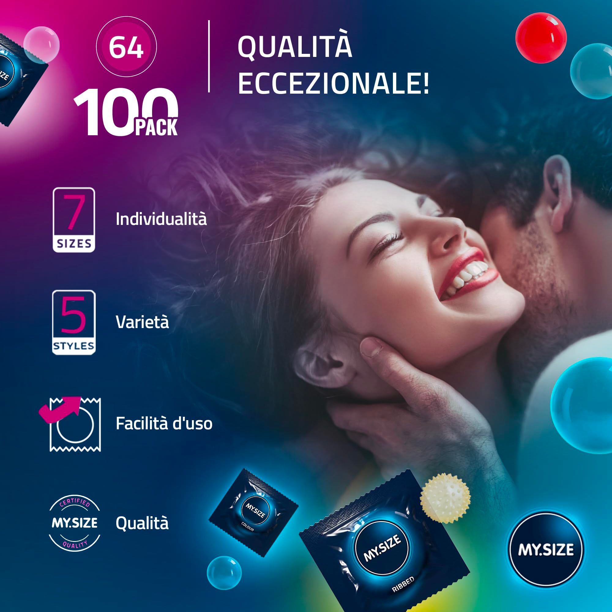 Boîte de 64 préservatifs, 100 unités. 7 tailles, 5 styles, facilité d'utilisation.