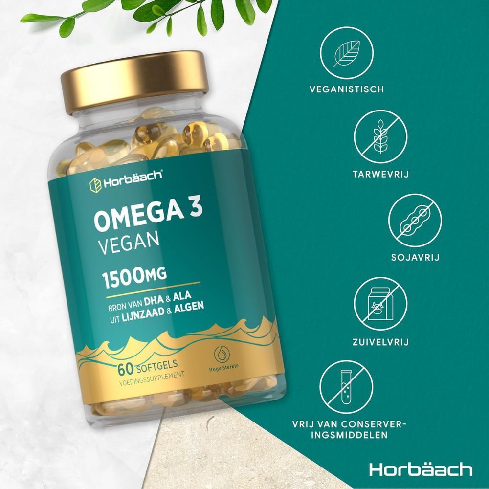 Fles met capsules. Horbaach Omega 3 Vegan 1500mg. 60 softgels. Symbolen: Veganistisch, tarwevrij, sojavrij, zuivelvrij.