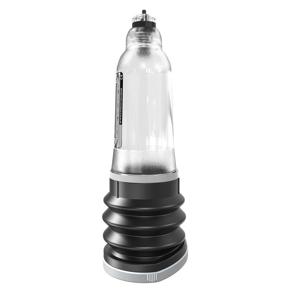 Bathmate Hydromax5, doorzichtige cilinder met zwarte balg en zilveren ring.