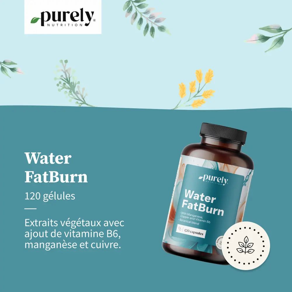 Flacon Water FatBurn. Inscription: 120 gélules. Avec extraits végétaux, vitamine B6, manganèse et cuivre. Logo: purely nutrition.