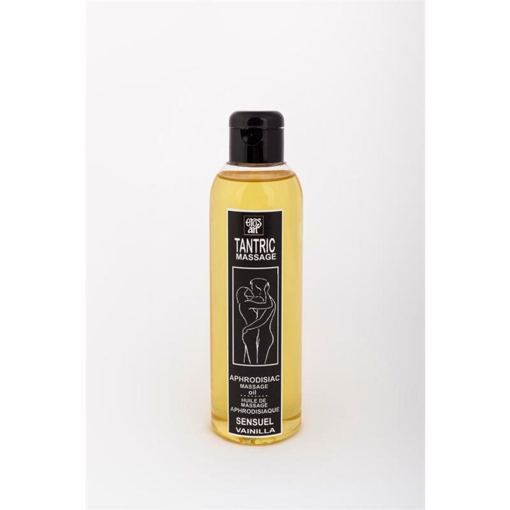 Fles tantrisch massageolie, vanille. Met afbeelding van een stel.