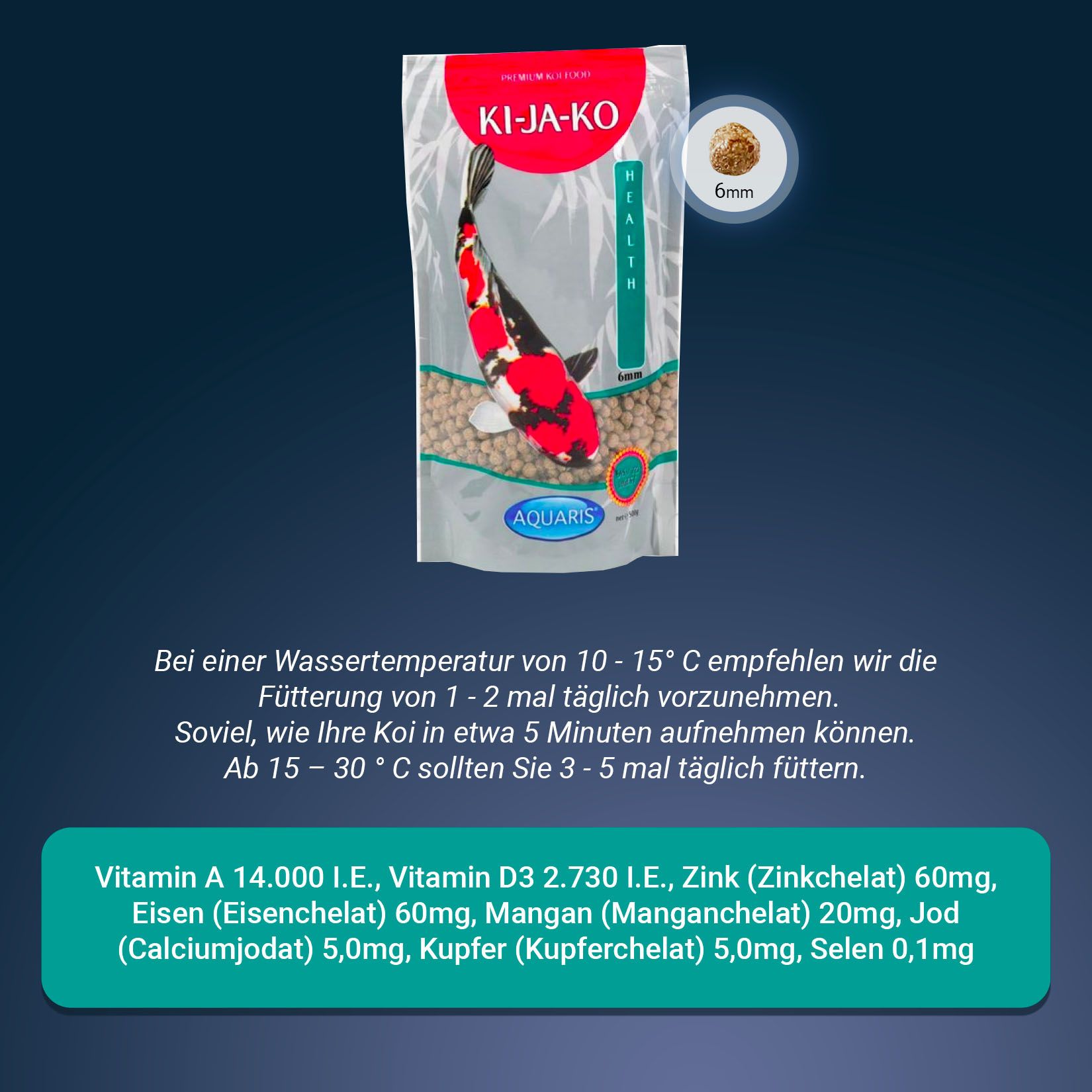 Verpakking van KI-JA-KO Koifischfutter Health 6mm. Bevat informatie over voeding en ingrediënten.