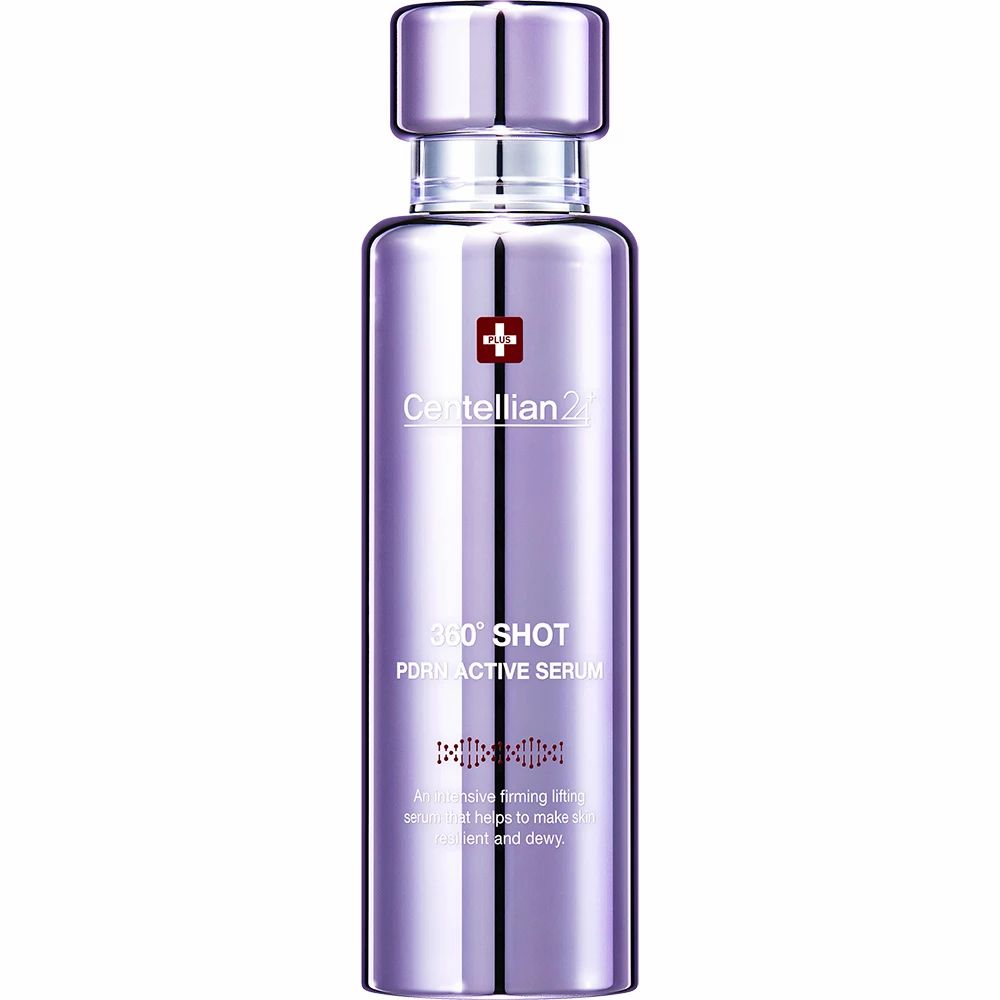 Flacon cylindrique argenté. Inscriptions: CENTELLIAN24, 360° SHOT PDRN ACTIVE SERUM. Logo croix rouge.