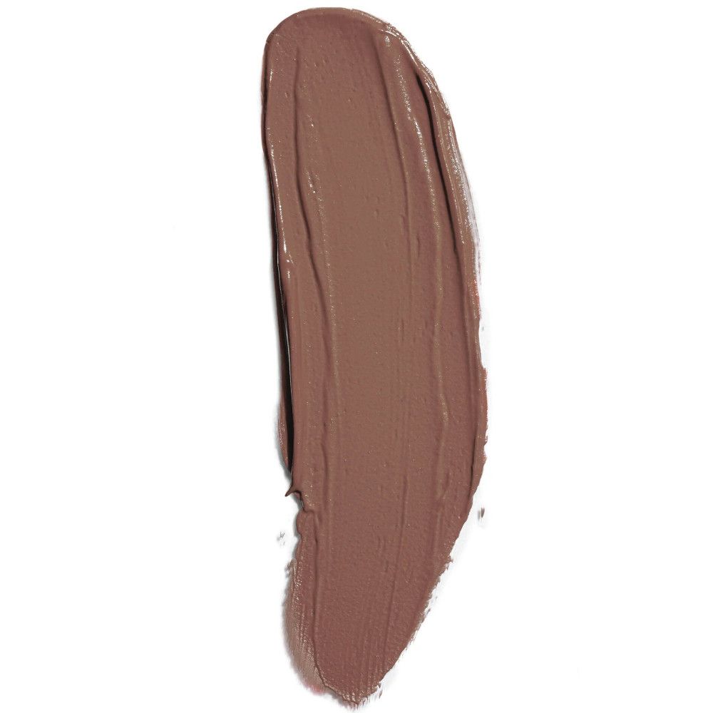 Échantillon de rouge à lèvres marron sur fond blanc. La texture est lisse et mate.