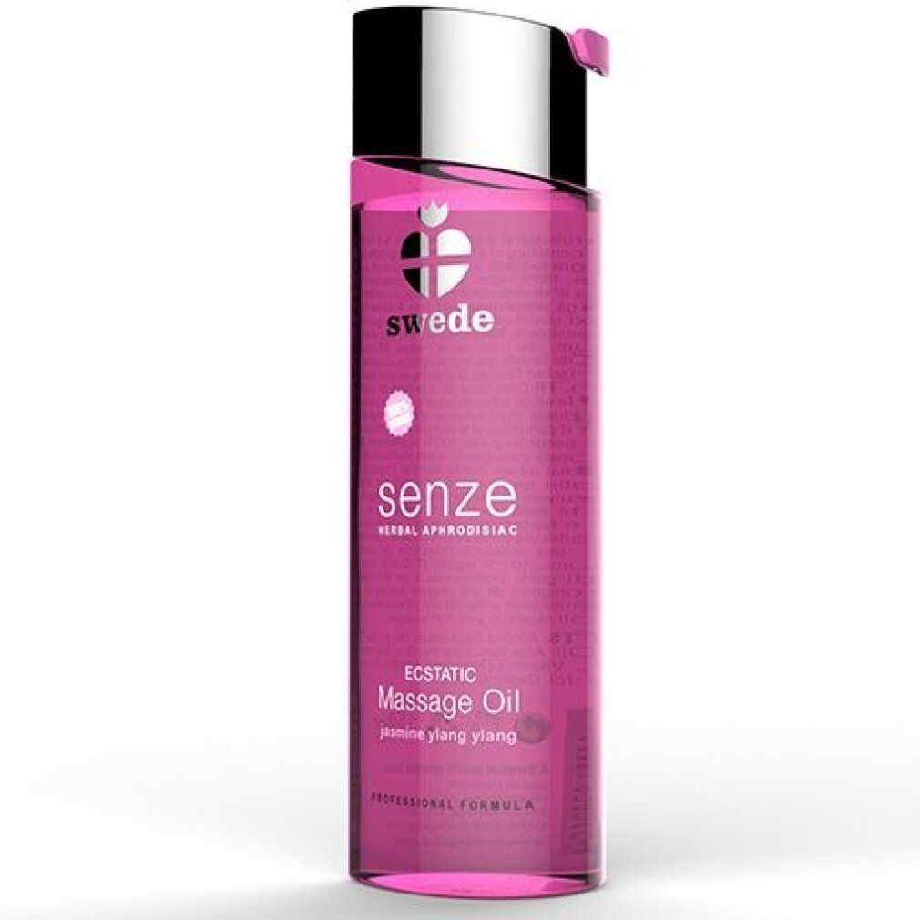 Fles Swede Senze Ecstatic massageolie met zilveren dop. Roze vloeistof.