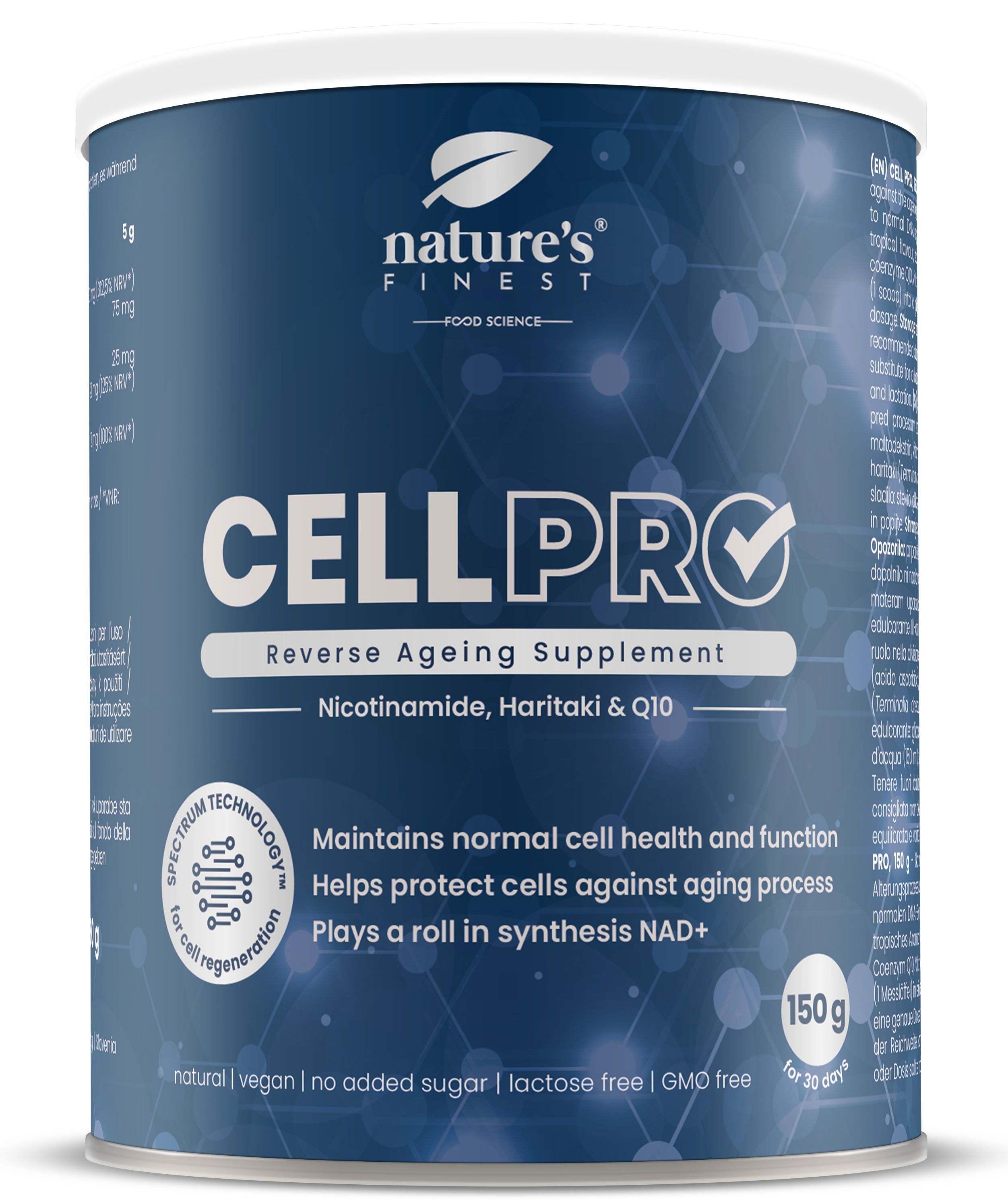 Boîte Nature's Finest Cell PRO. Inscription: CELL PRO, Reverse Ageing Supplement, Nicotinamide, Haritaki & Q10. 150g. Ingrédients naturels.
