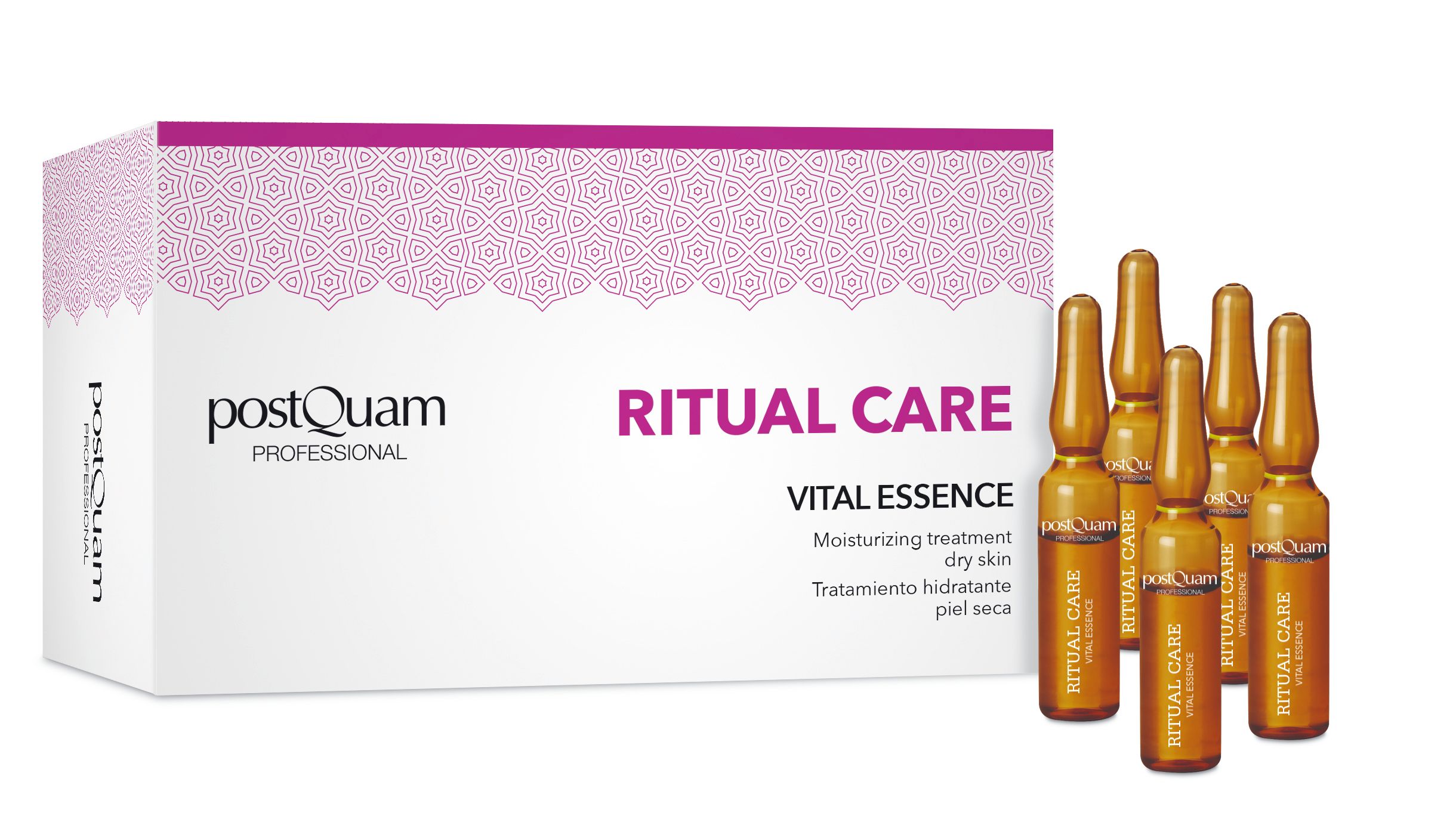 PostQuam Vital Essence. Boîte avec ampoules. Inscription: Ritual Care, Vital Essence, Moisturizing treatment dry skin.
