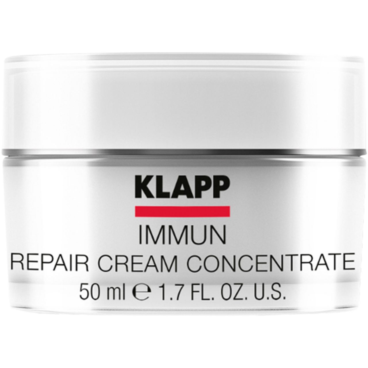 Witte pot met deksel. Opschrift: Klapp Immun Repair Cream Concentrate, 50 ml.